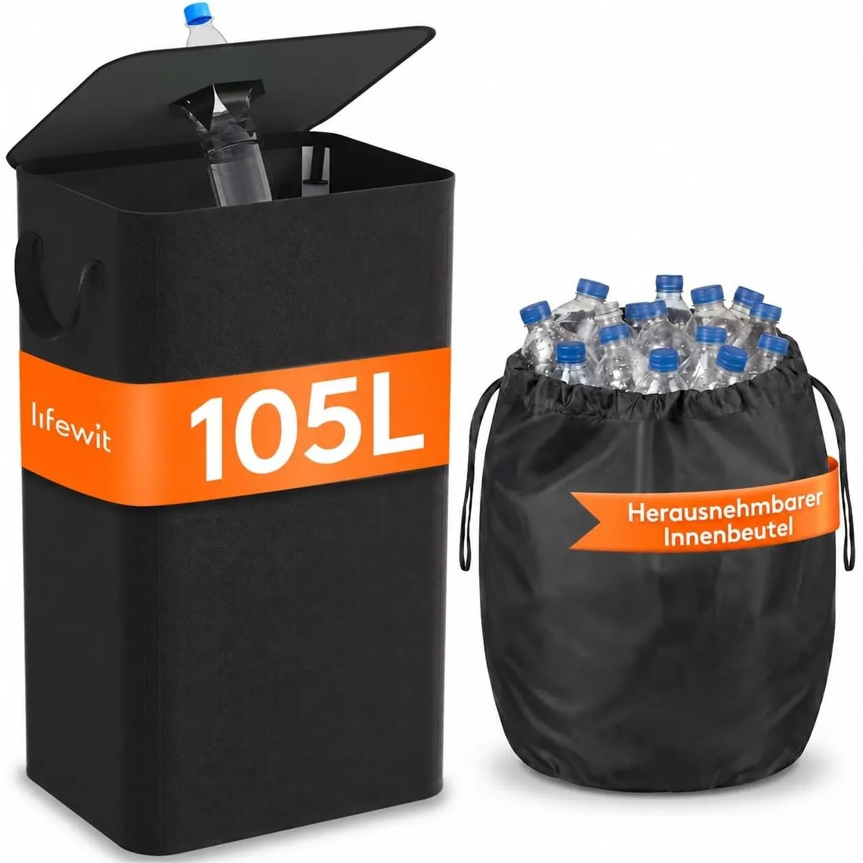 Lifewit 105L Pfandflaschen Sammelbehälter mit Deckel, Schwarz