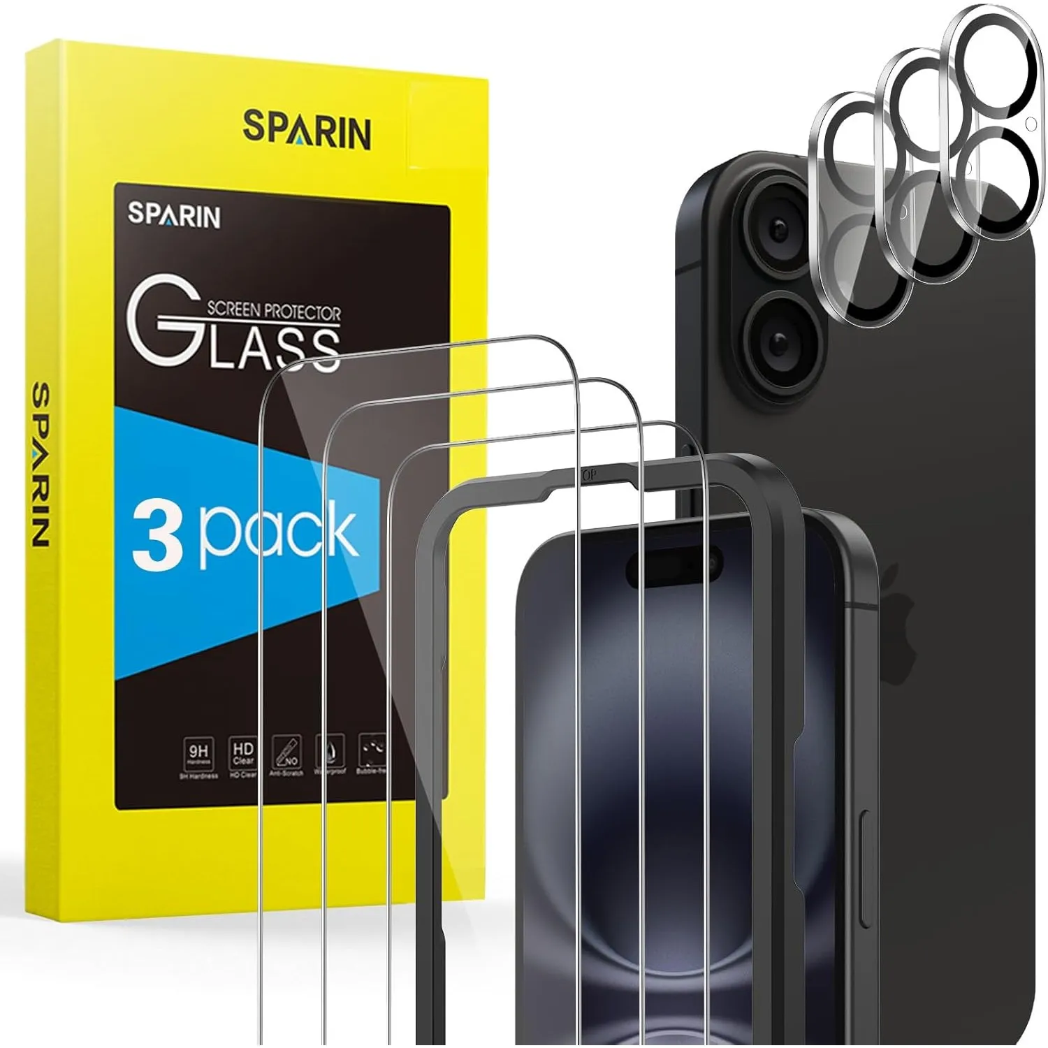 SPARIN Panzer Schutz Glas für iPhone 16, 3+3 Stück