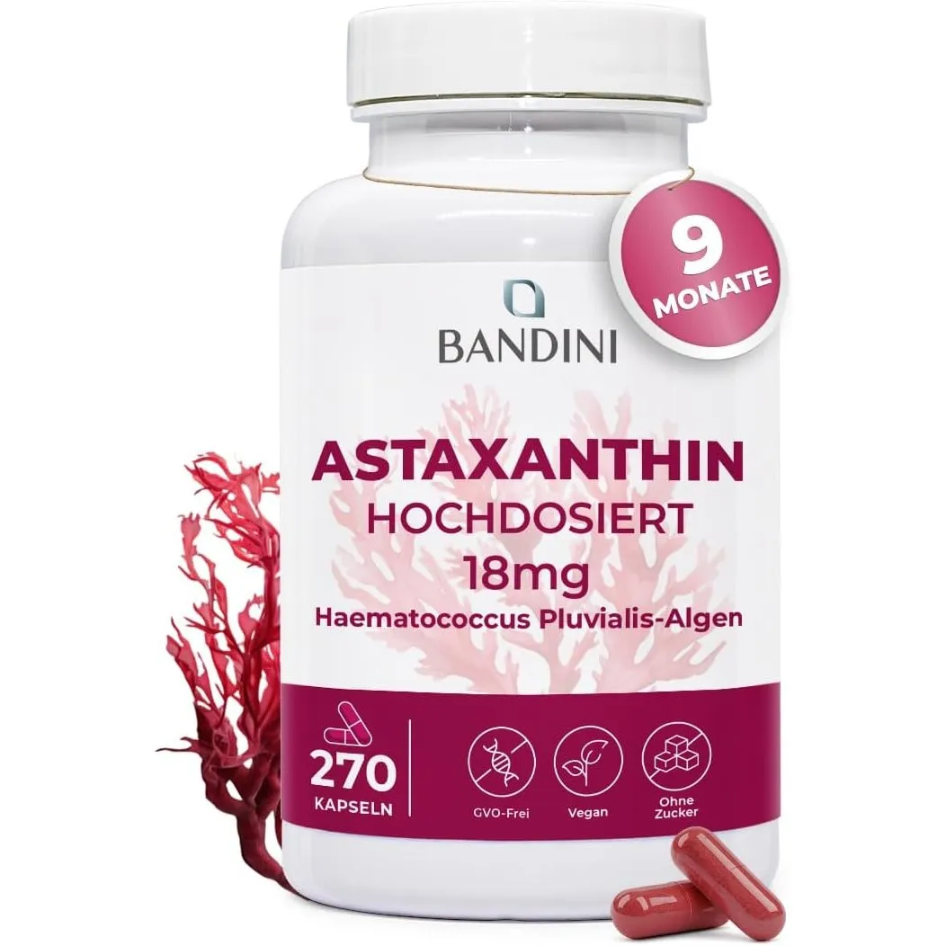 Bandini® Astaxanthin 270 Kapseln, 9 Monate Vorrat - Vegan, ohne GVO | (1 Kapsel pro Tag), Alge Haematococcus Pluvialis …