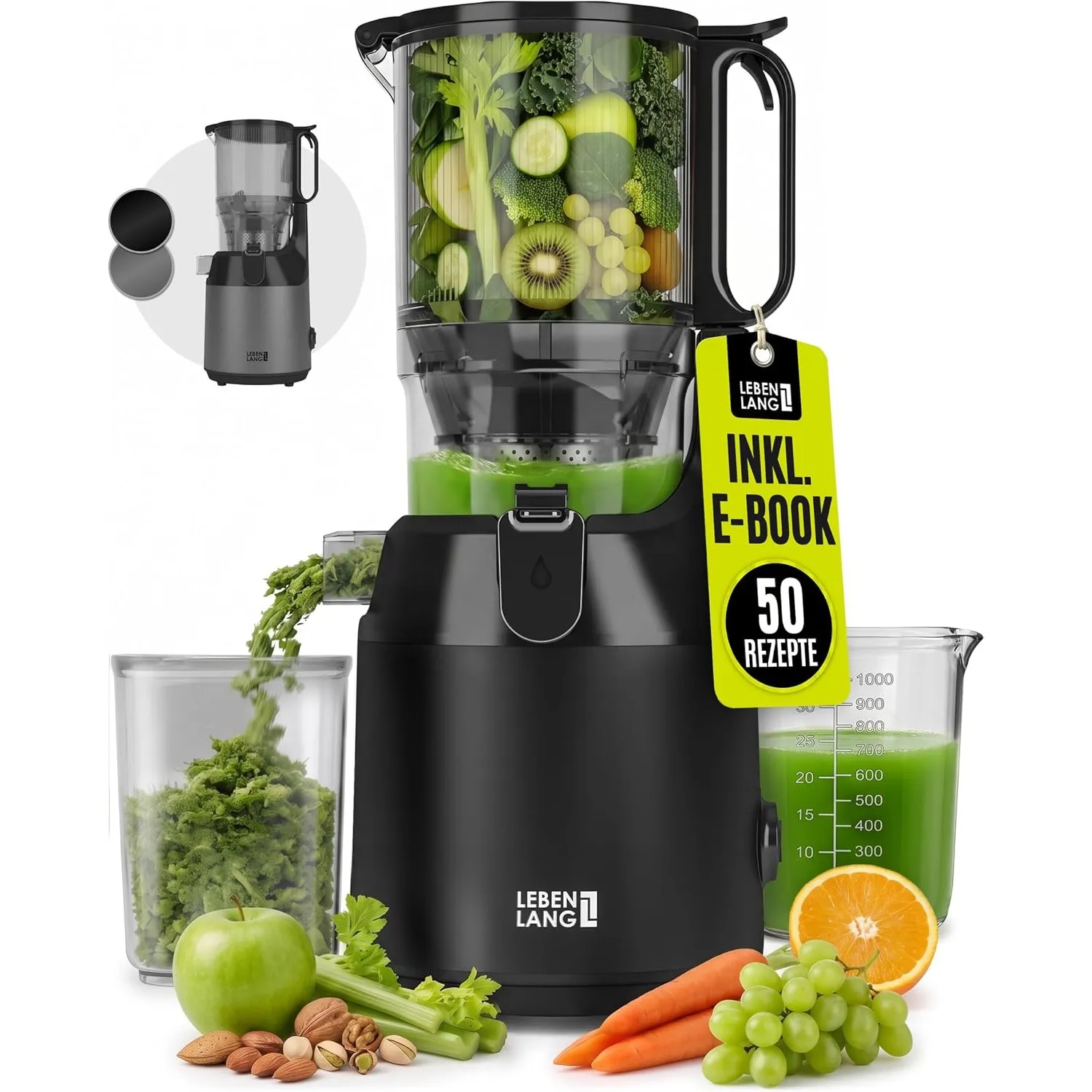 LEBENLANG Entsafter Slow Juicer - Inkl. Rezeptbuch & Große 130mm Öffnung | 100% BPA-Frei Perfekt für Obst ganze Früchte…