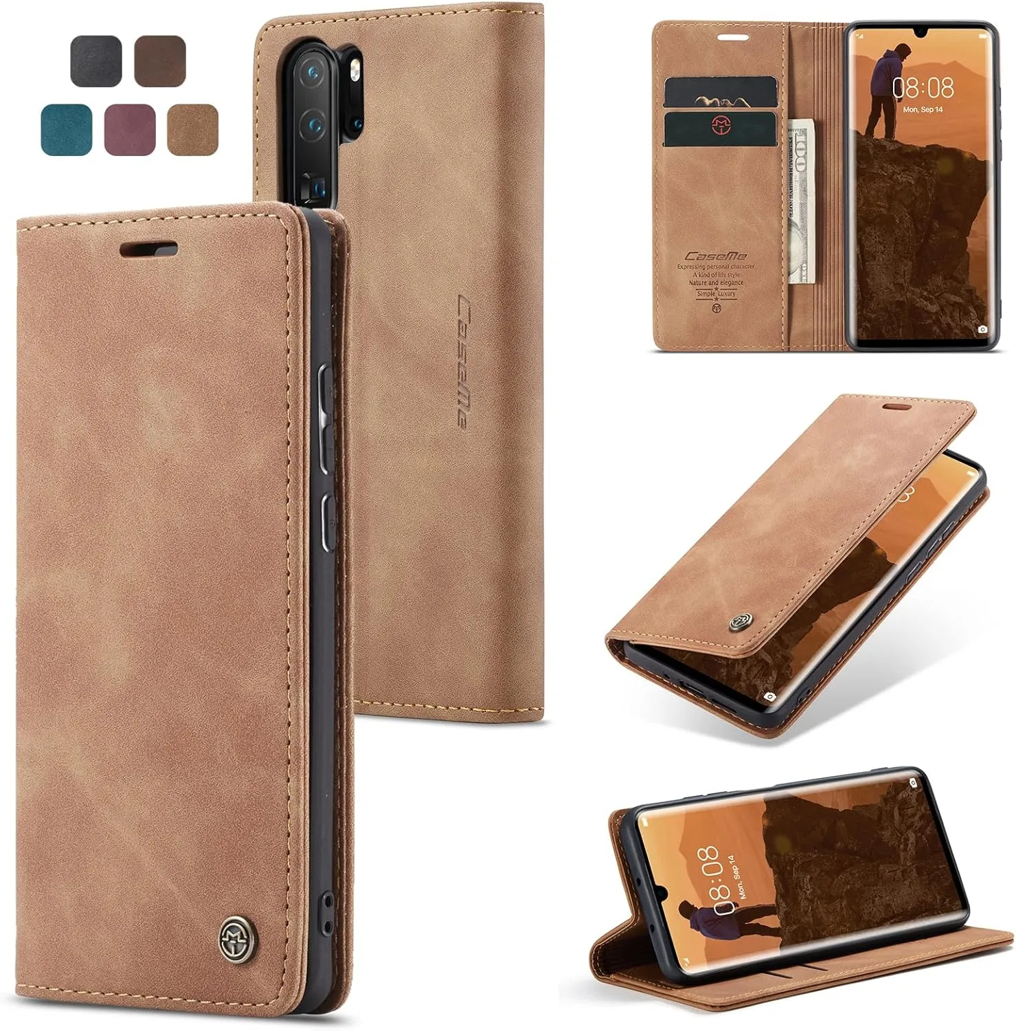 Handyhülle für Huawei P30 Pro Hülle, Premium Lederhülle Weiches Vintage-Nubukleder Faltbare Ständer Klapphülle Kartenfa…