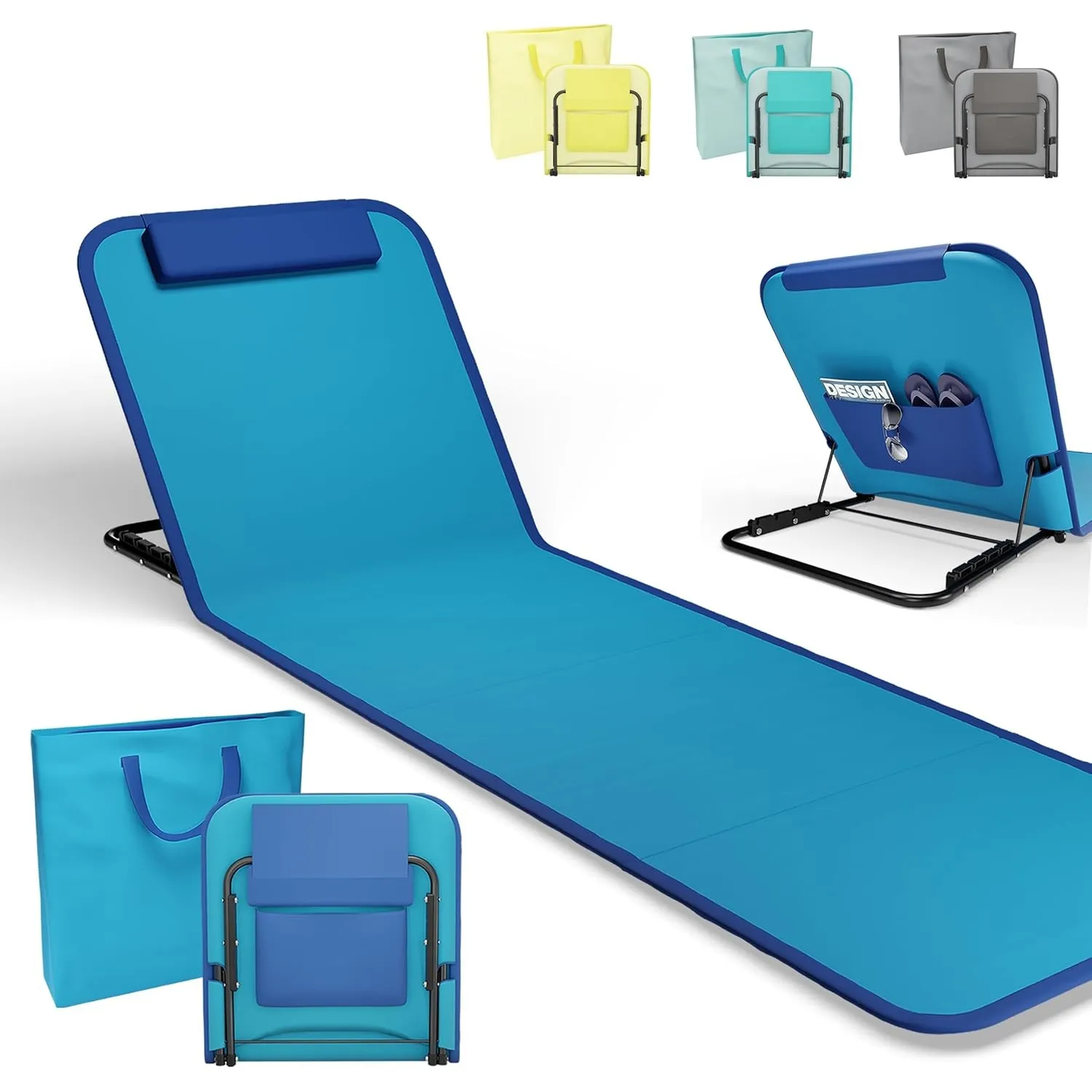 Onbest Bequeme Strandliege 165 cm lang - mit Verstellbarer Rückenlehne und Liegekissen – praktisches Staufach – Strandm…