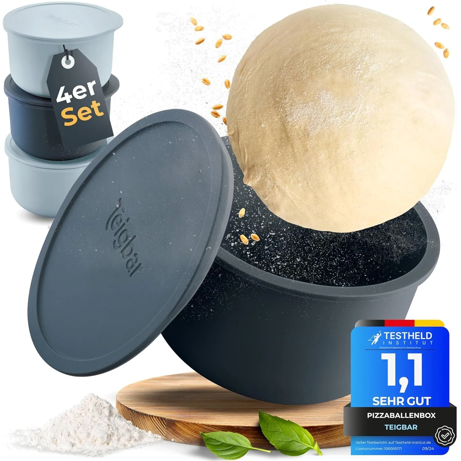 Teigbar« Pizzaballenbox mit Deckel, 4er Set - platzsparende Teigbox aus löse-leichtem Silikon - bis zu 350g Pizzateig B…