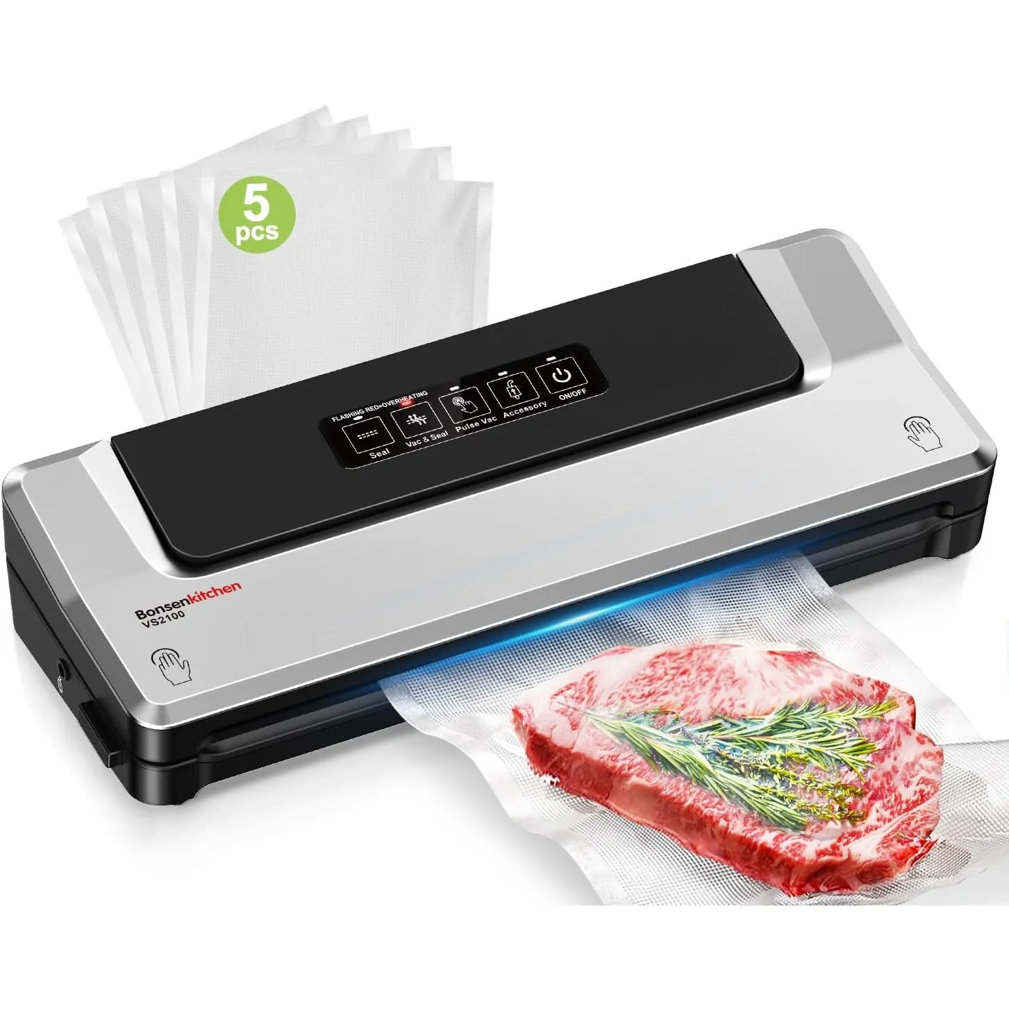 Bonsenkitchen Vakuumiergerät, Sous Vide Folienschweißgerät,5 Beutel