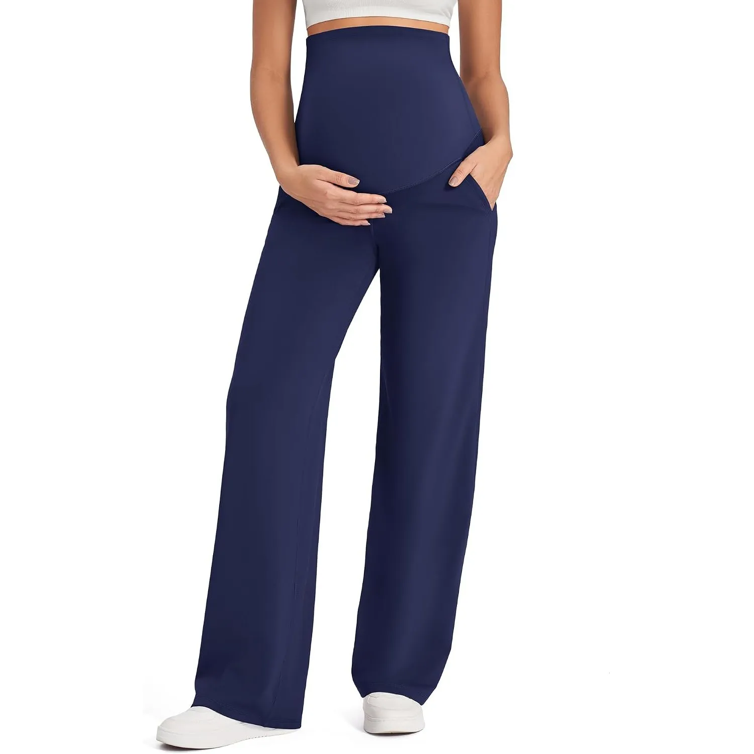 G4Free Umstandshose Damen Hohe Taille Yogahose mit Taschen Weites Bein Umstandsmode für Schwangere Lang Freizeithose St…