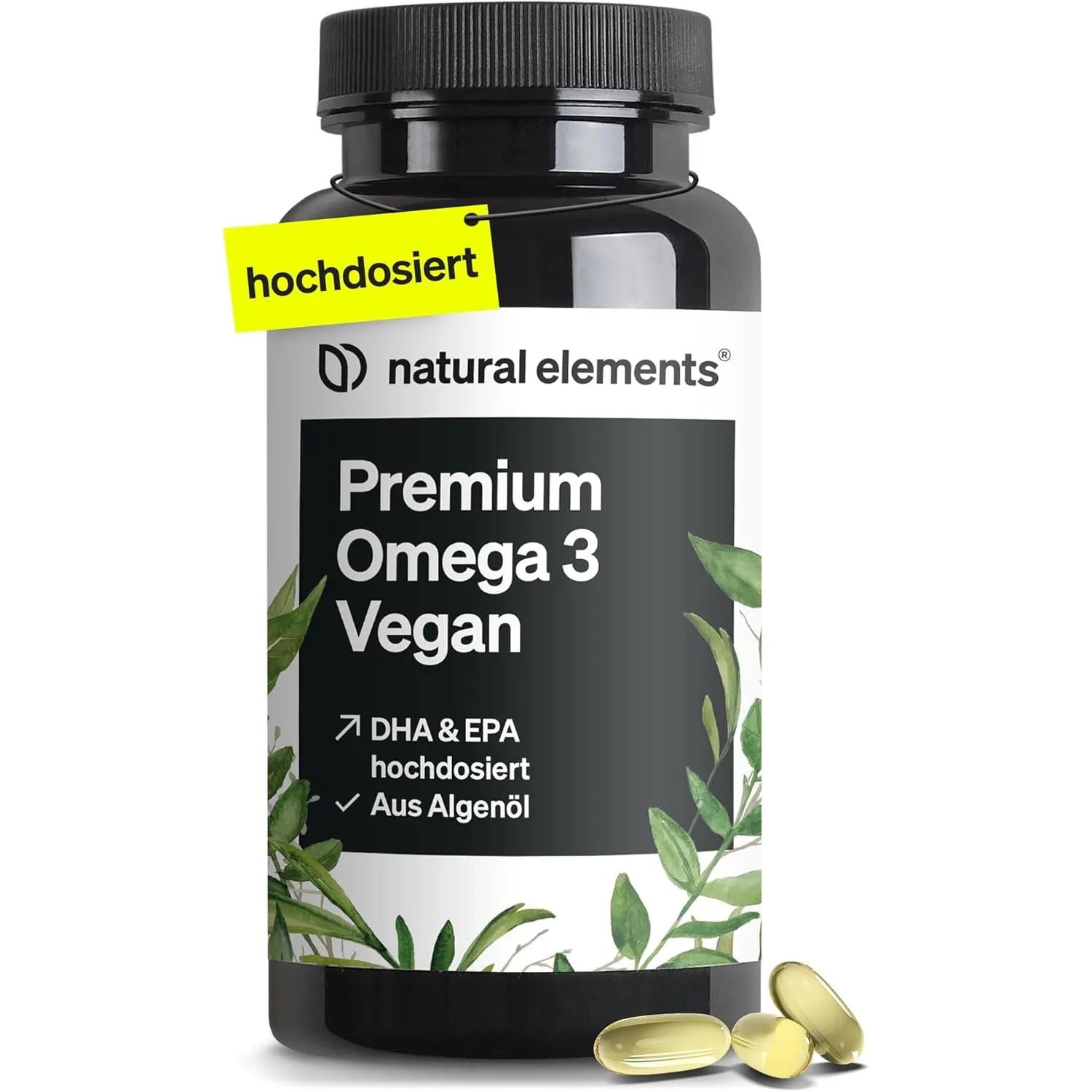 natural elements Premium Omega 3 Vegan – 60 Kapseln – 2000mg Algenöl, 800mg DHA und 400mg EPA pro Tagesdosis – Omega-3 …