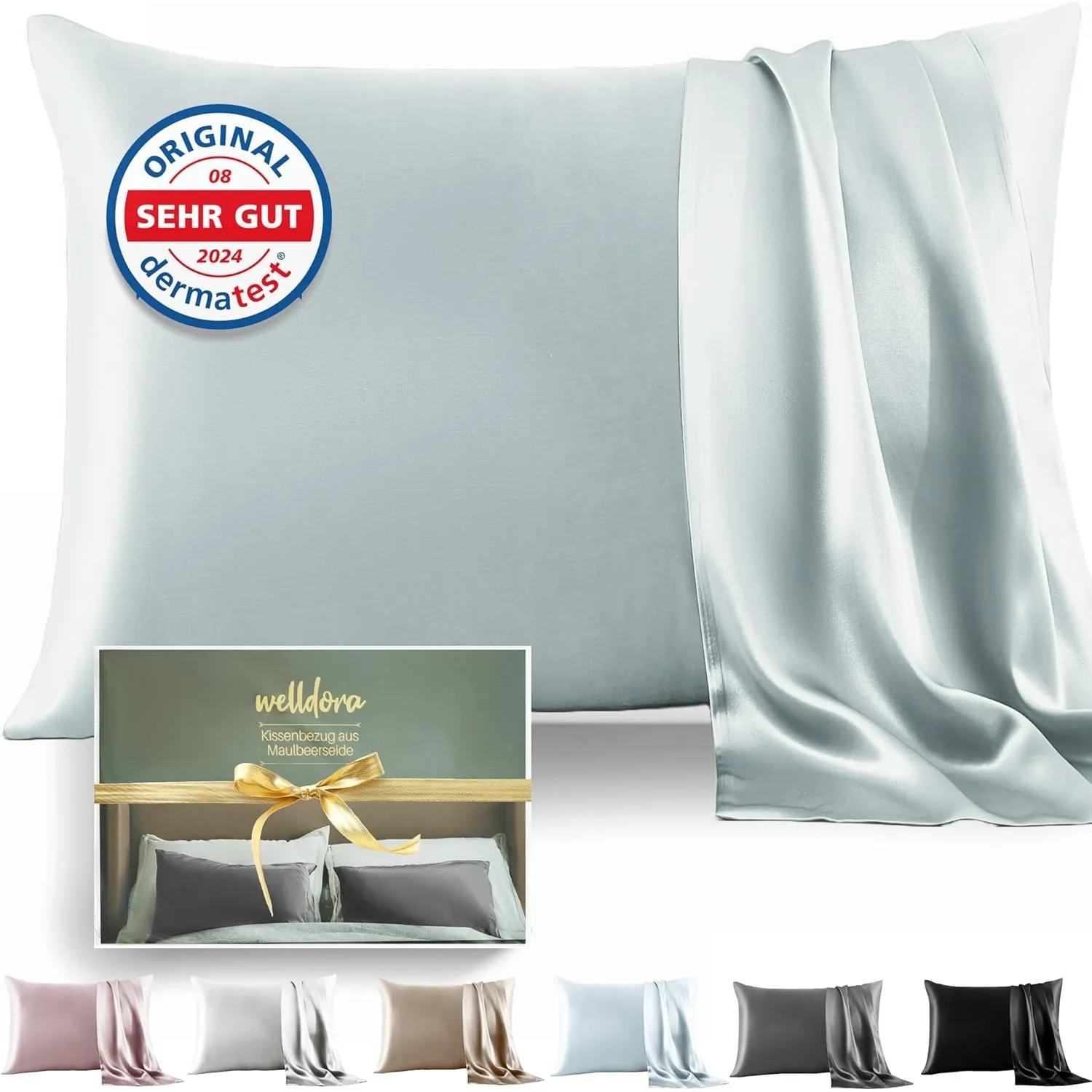 Welldora Kissenbezug 40x80 | 100% Seide 22 Momme | Bettwäsche Silbergrau