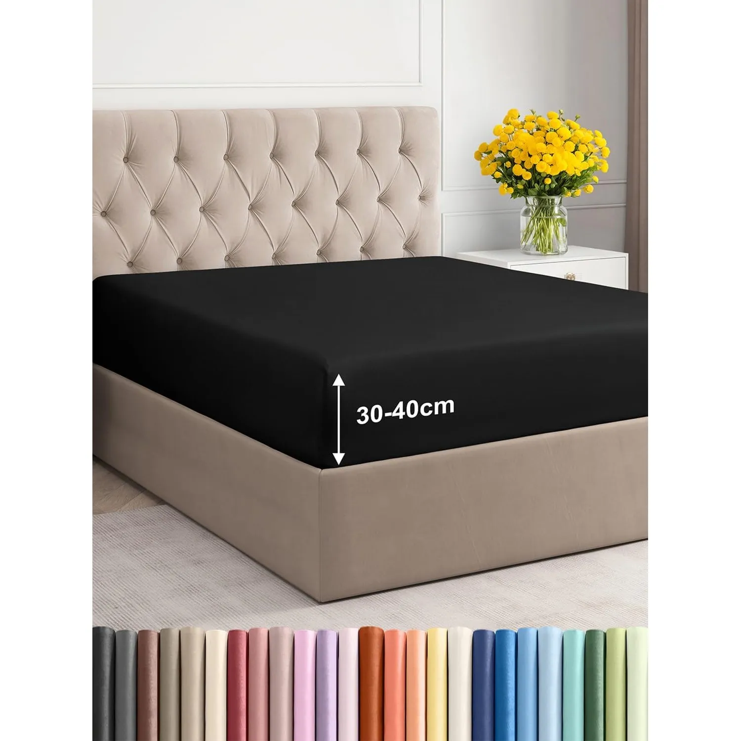Spannbettlaken 200x200 - Mikrofaser Spannbetttuch 40cm (16") tief - Schwarz | Spannbetttuch, Boxspringbett, Weich, Knit…