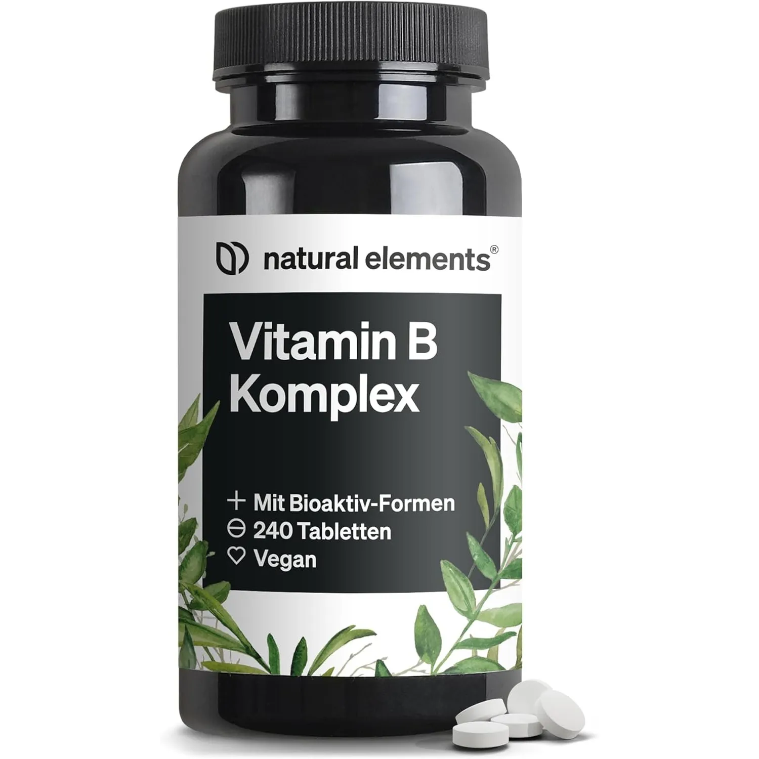 natural elements Vitamin B Komplex – 240 Tabletten – mit 8 essenziellen B-Vitaminen & Kofaktoren – mit Bioaktiv-Formen …