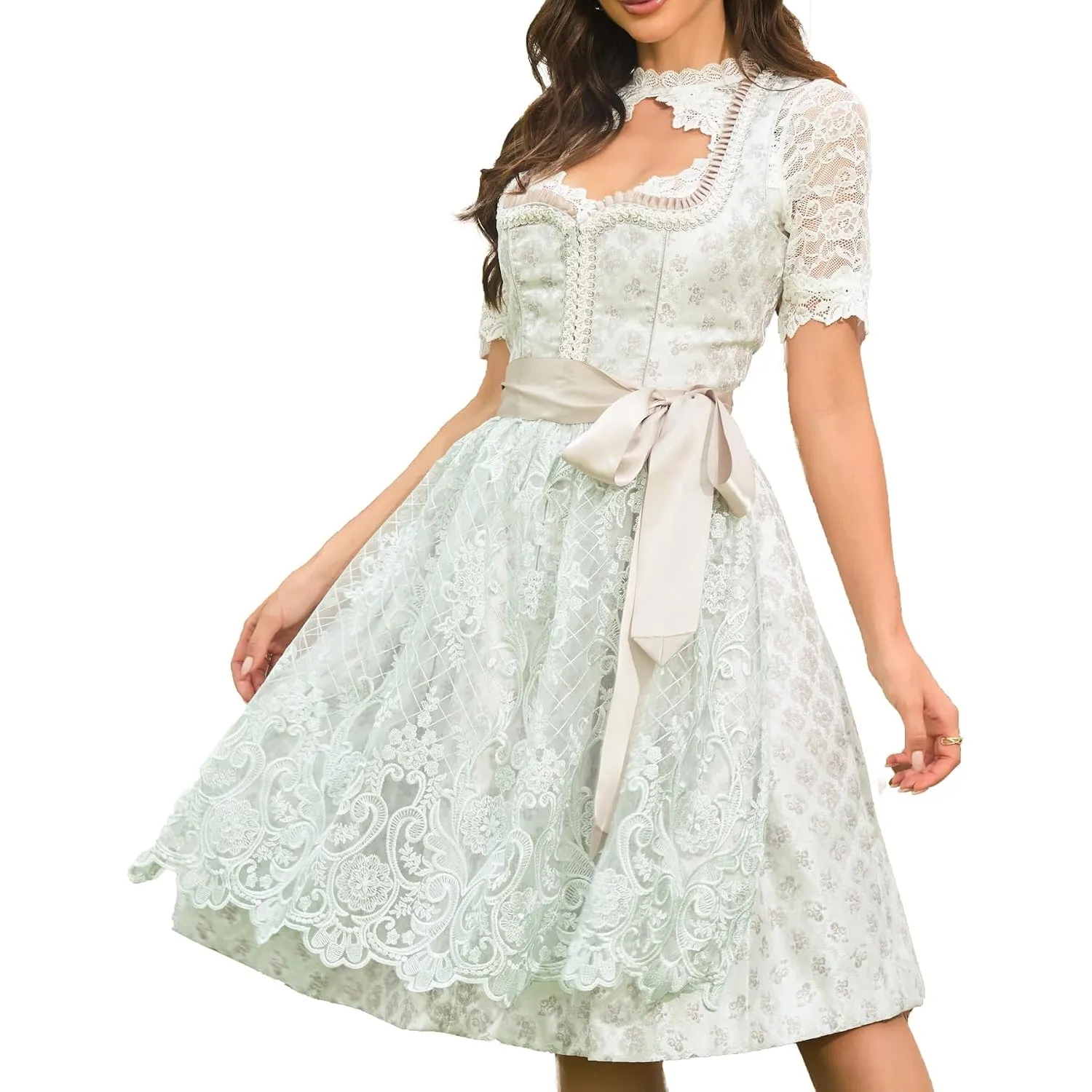 Goxozzy Dirndl Damen Midi Spitze Trachtenrock mit Dirndlschürze für Oktoberfest Größen 34-44 Rocklänge 60cm Schwarz Wei…