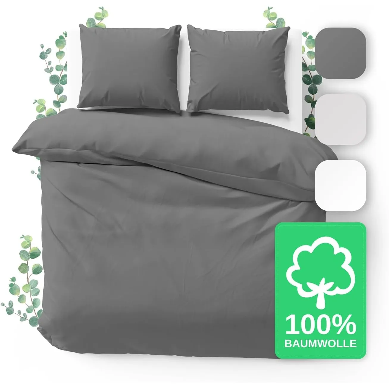 JACOBSON Bettwäsche 100% Baumwolle (240x220cm, Anthrazit, 3-teilig)