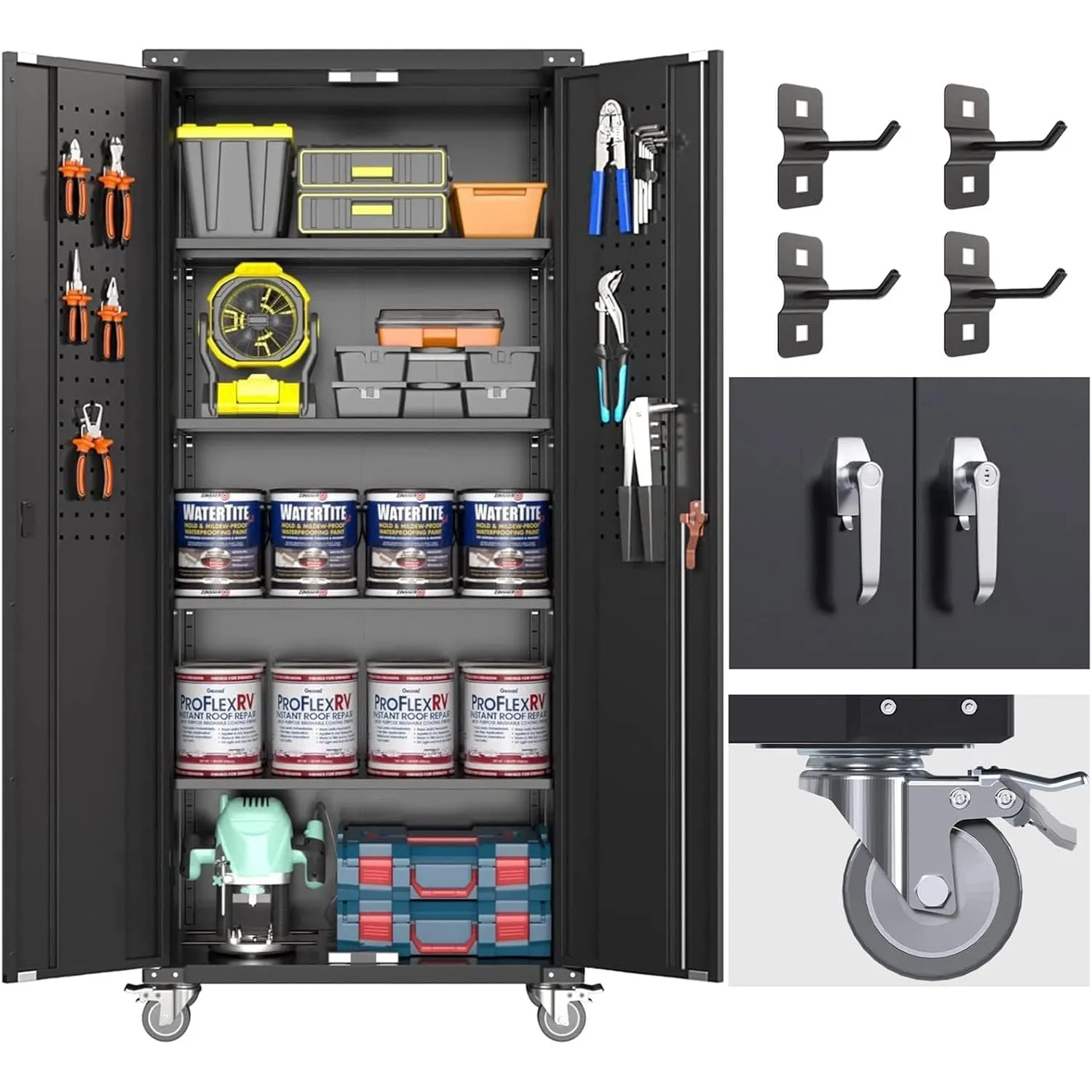 SUPEER Metallschrank mit Pegboard und Abschließbare Räder,183 x 80 x 40 cm