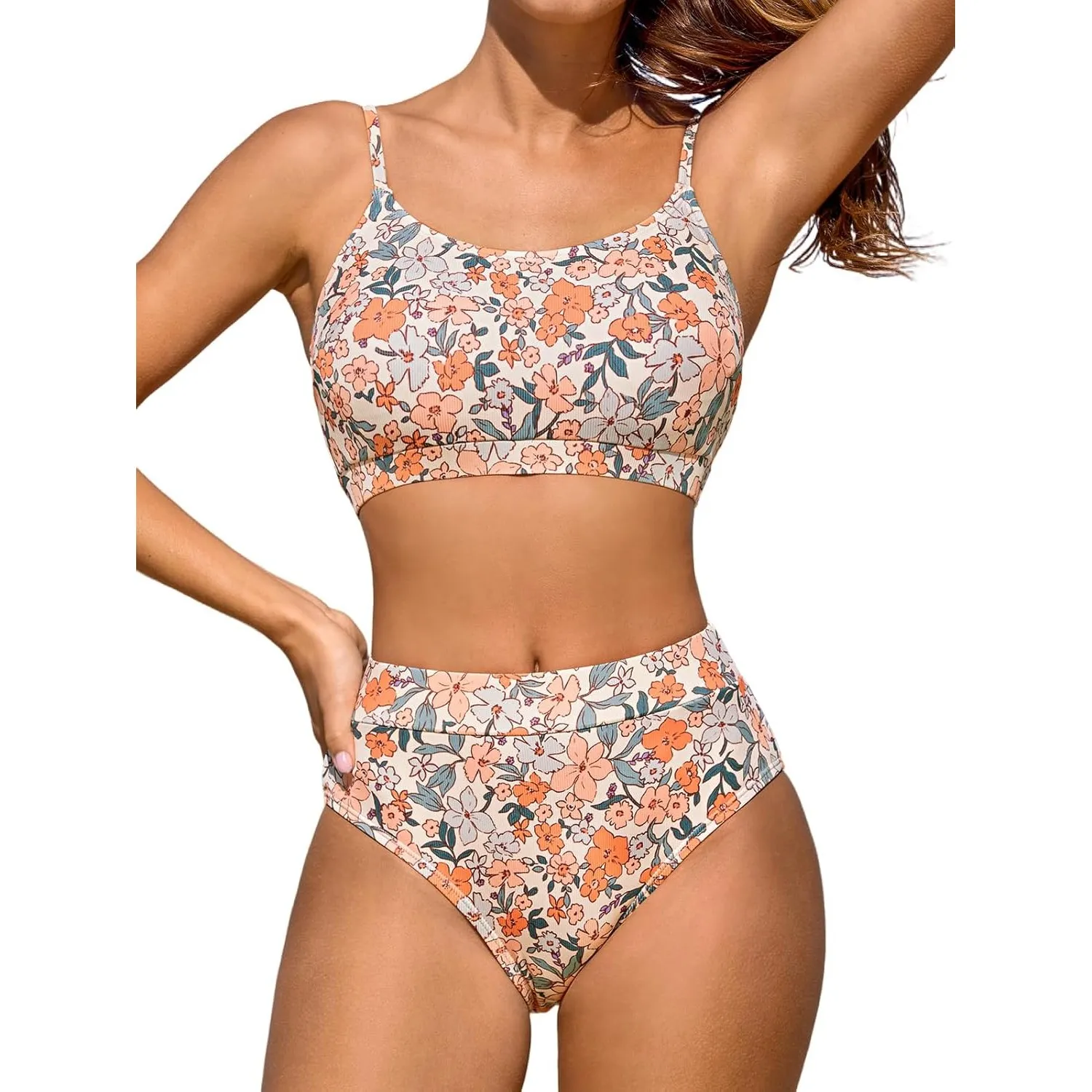 CUPSHE Damen Bikini Set U Ausschnitt High Waist Tank Sport Bikini Strukturierte Bademode Zweiteiliger Badeanzug Swimsuit