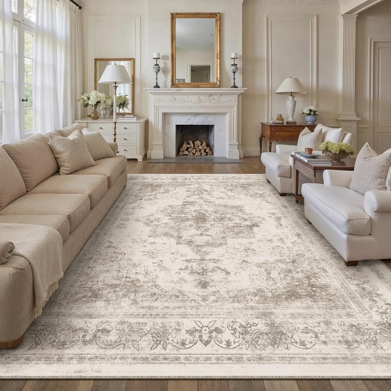 HUGEAR Beige Vintage Teppich Wohnzimmer 240x300cm Waschbar