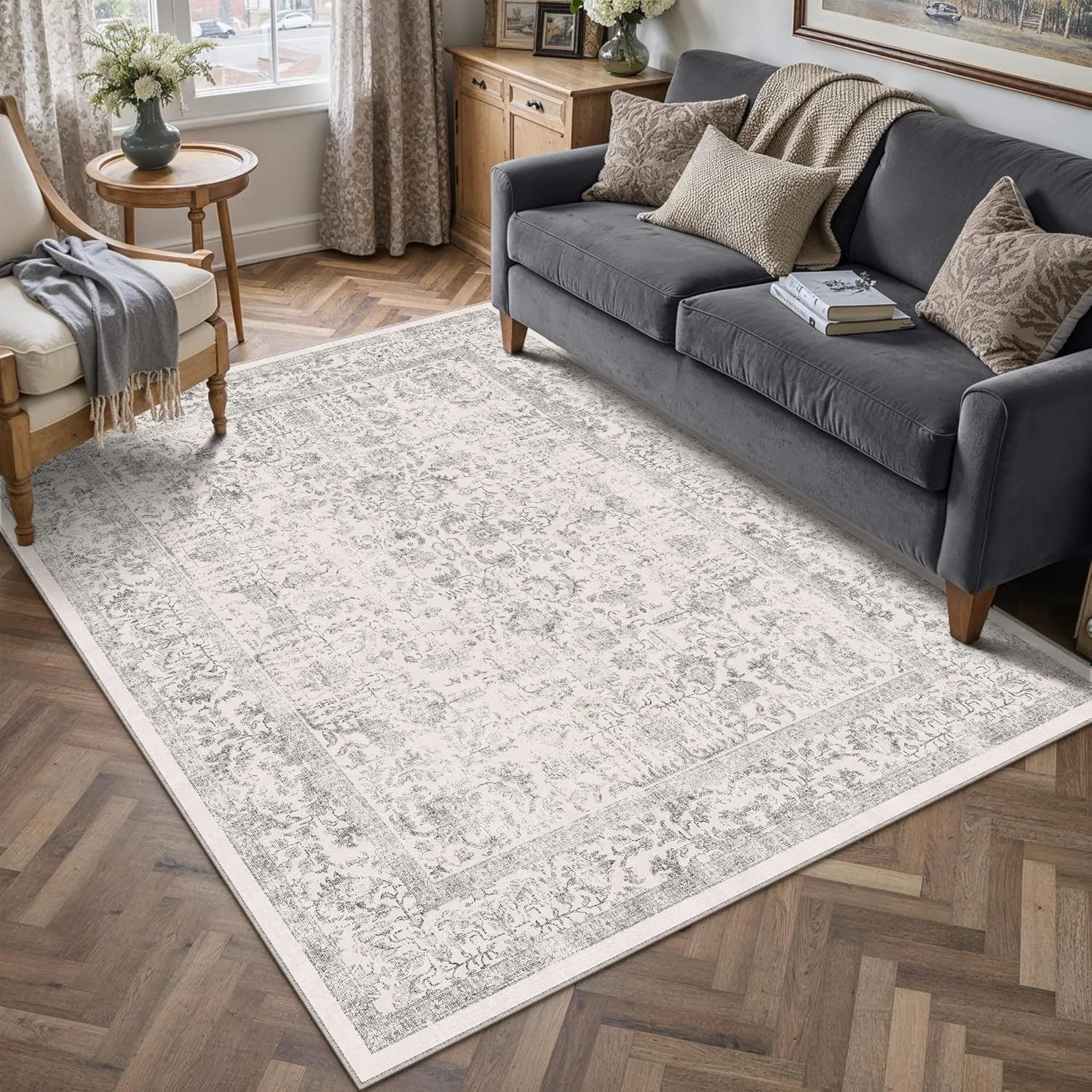 HUGEAR Grau Vintage Teppich Wohnzimmer 120x180cm Waschbar