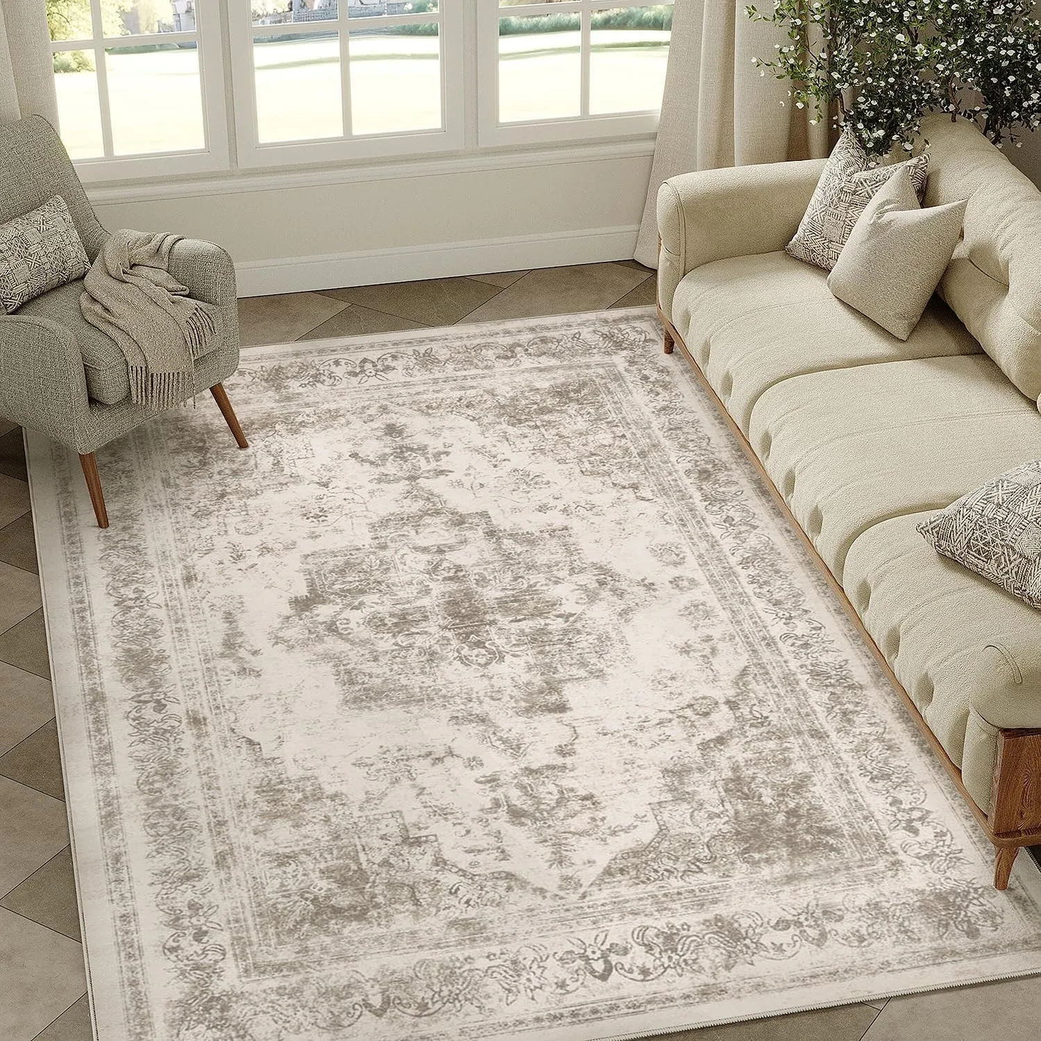 HUGEAR Vintage Beige Waschbarer Teppich Wohnzimmer 120x180cm Retro Rugs for Living Room Weich rutschfest Groß Tepich Ku…