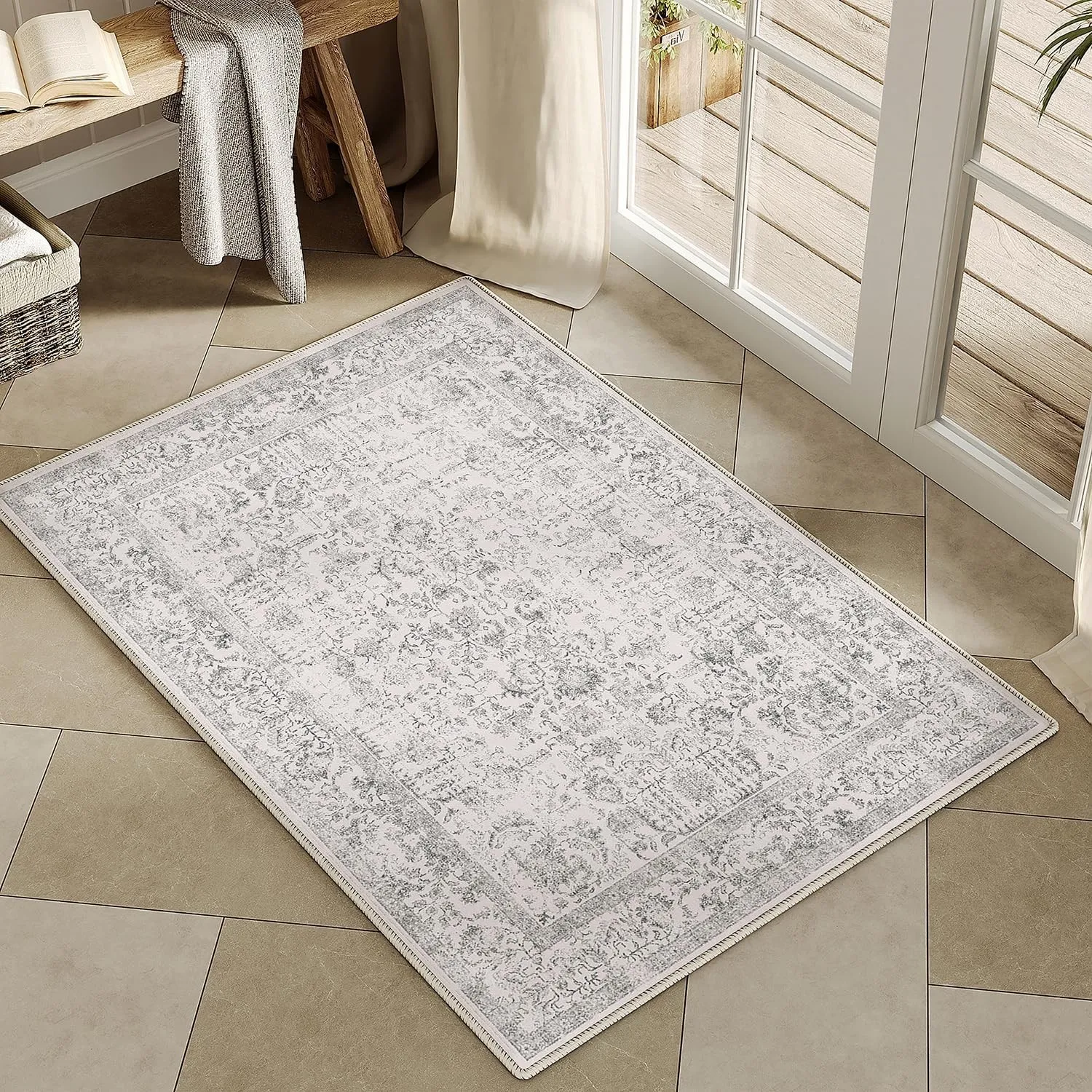HUGEAR Vintage Grau Waschbarer Teppich im Eingangsbereich 60x90cm fußmatte badezimmerteppich Weich rutschfest Retro Kle…
