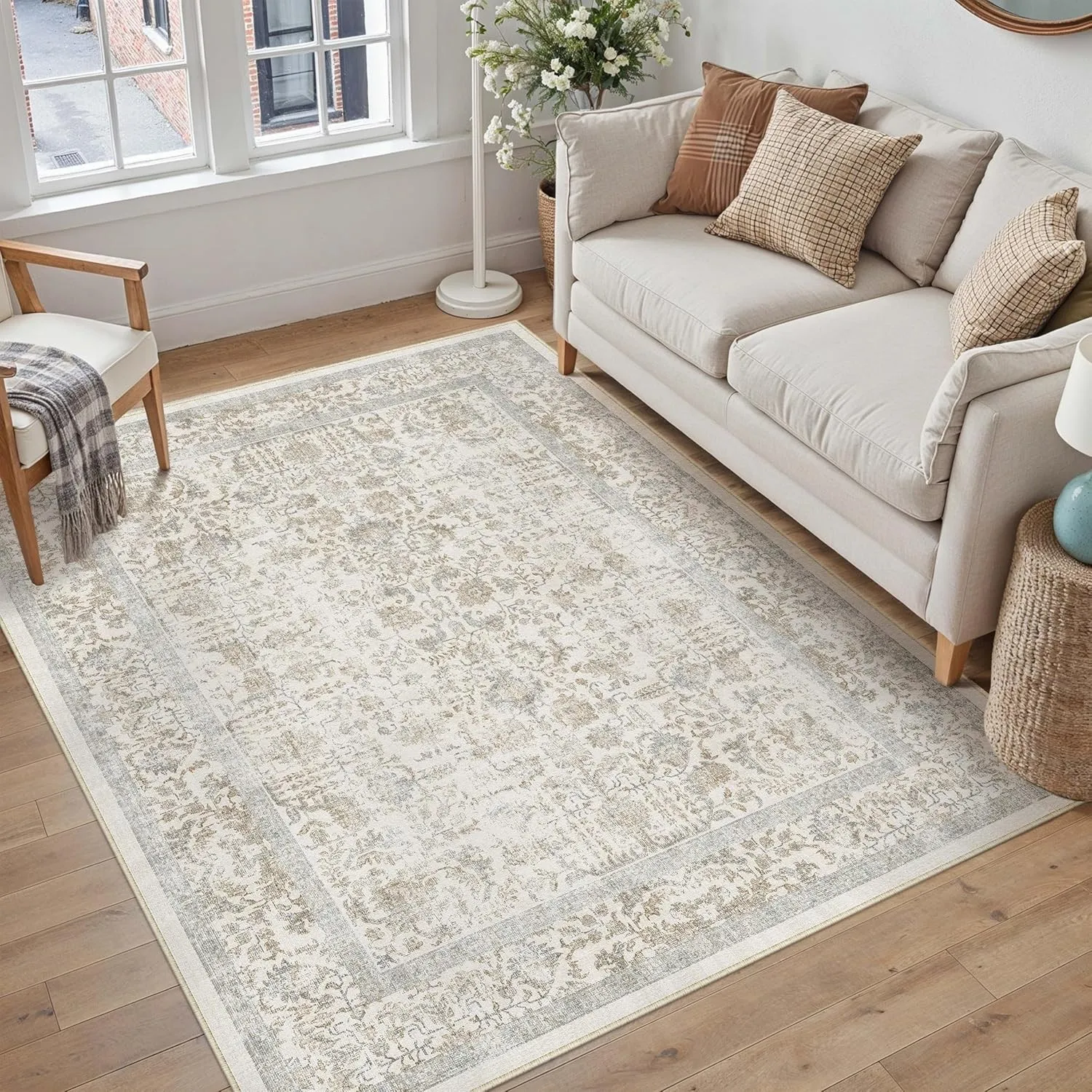 HUGEAR Taupe Vintage Teppich Wohnzimmer 120x180cm Waschbar | Waschbarer Retro Teppich,Weich,Rutschfest Kurzflor,Groß,fü…
