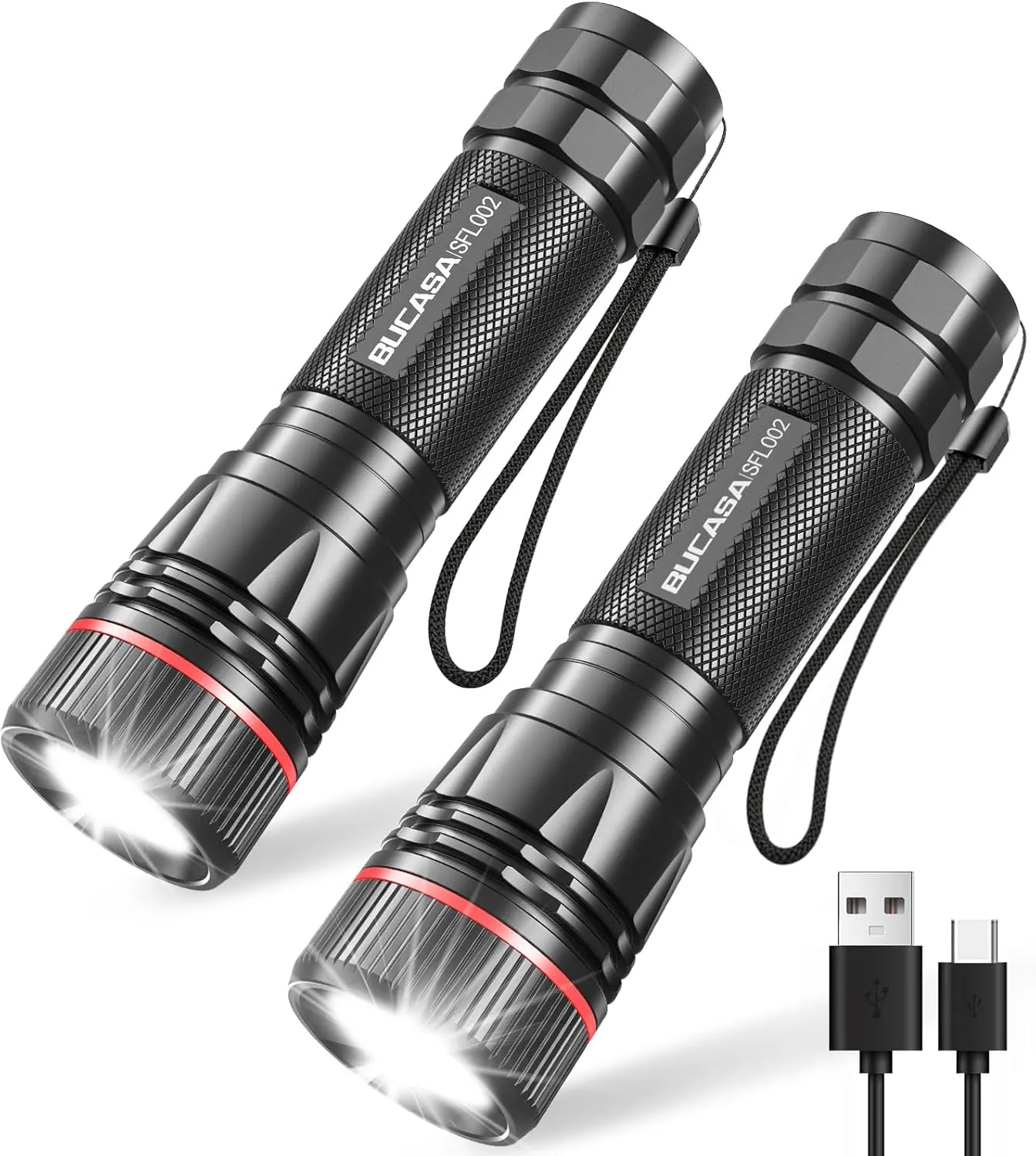 BUCASA Taschenlampe LED Aufladbar, 2000 Lumen Extrem Hell LED Taschenlampe mit 3 Modi, 2 Stück Zoombare Taschenlampen K…