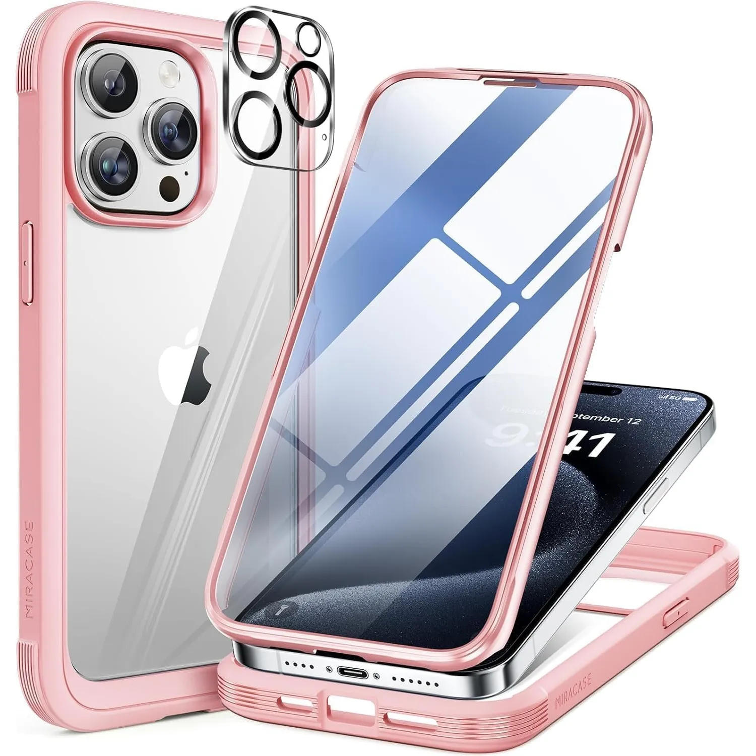 miracase 360° Hülle für iPhone 15 Pro Max, Ohne Magsafe, Rosa