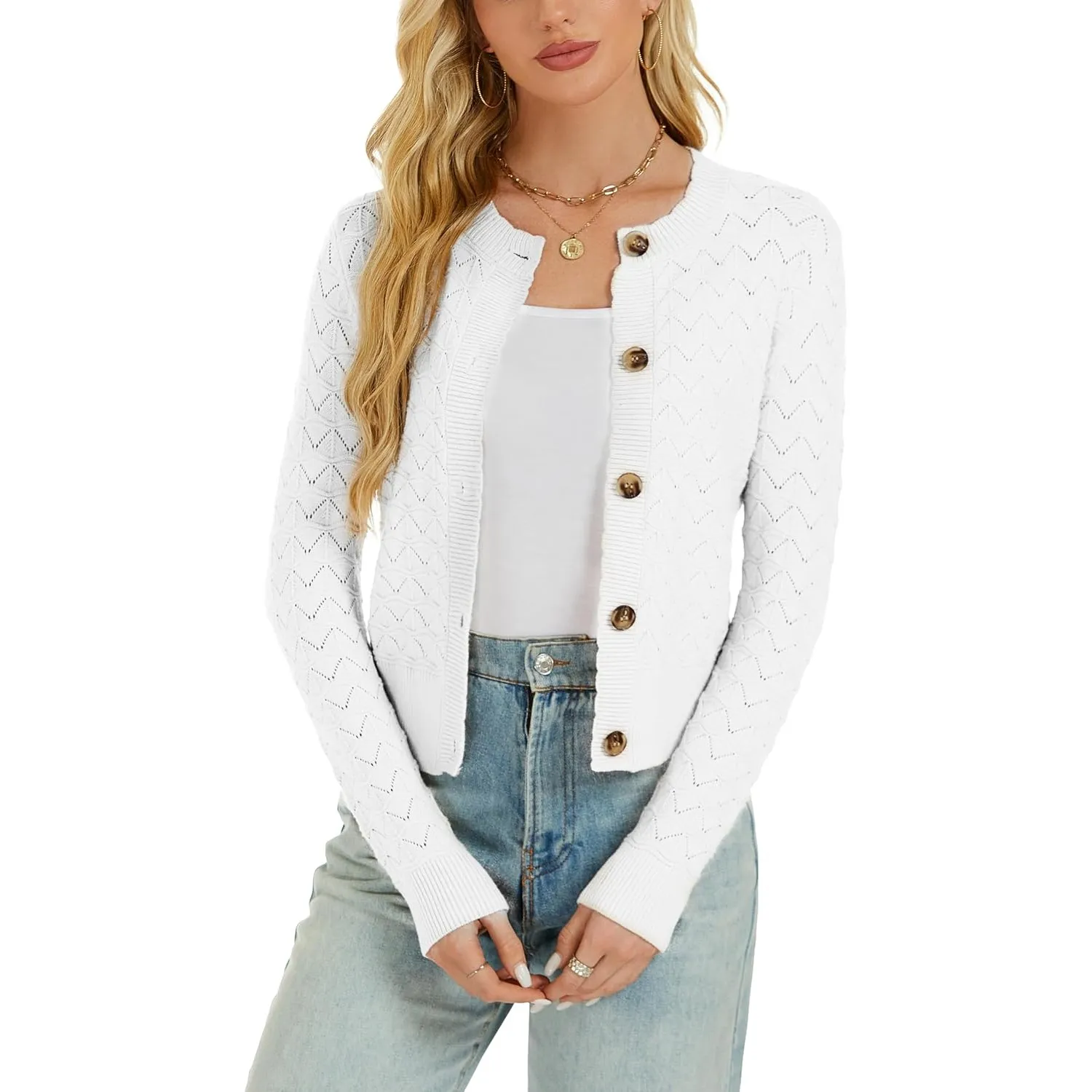 Damen Strickjacke Elegant Langarm Rundhals Cardigan Leicht Bolero Jäckchen mit Knöpfe Weiche Jacke über Top Kleid