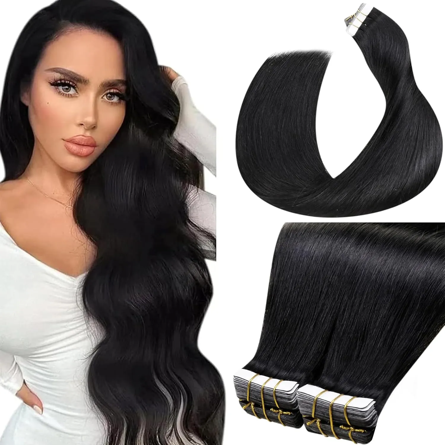 LaaVoo Invisible Tape Extensions Echthaar Schwarz Echthaar Extensions Tape Seamless 50cm Remy Tape in Extensions Echtha…