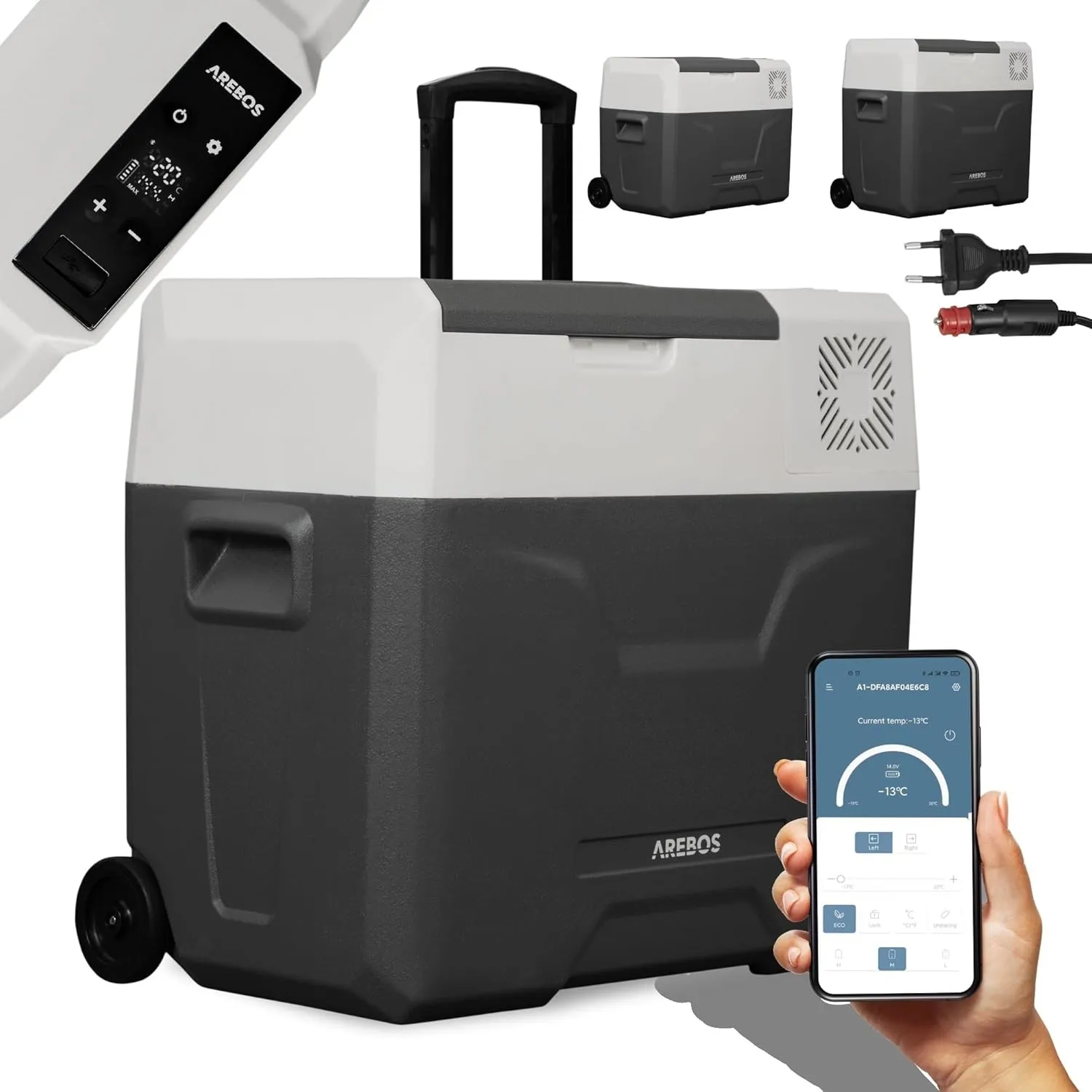 Arebos Kompressor Kühlbox mit Rollen | 47 Liter | bis -20°C | Auto | 230 V
