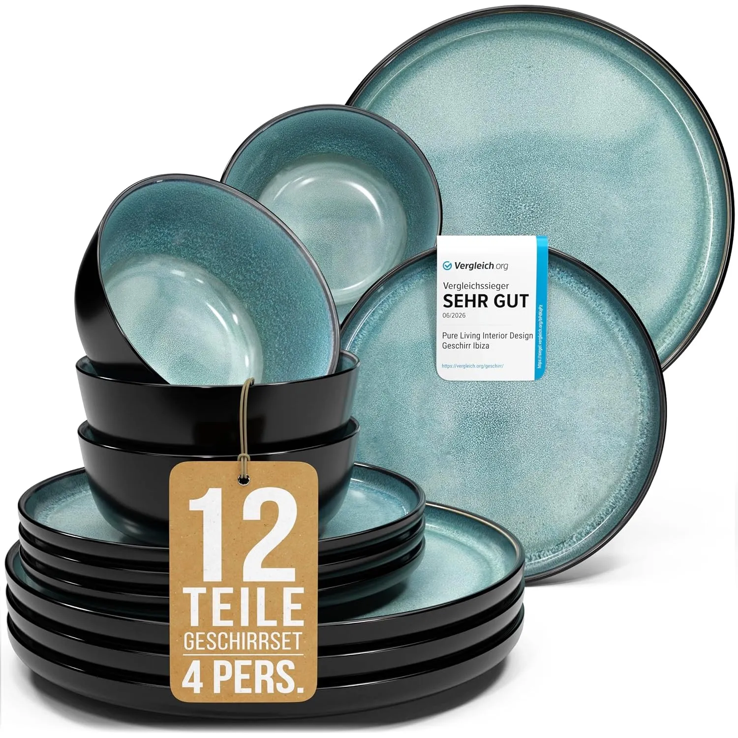 Steingut Geschirrset 4 Personen Ibiza 12 tlg. TESTSIEGER, Traumhaftes Mediterranes Steingut Geschirr Set, Schüssel- und…