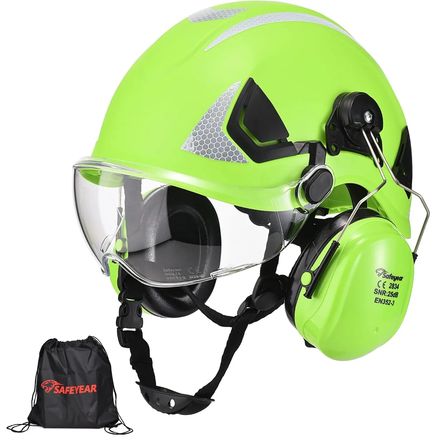 SAFEYEAR Sicherheit Harter Hut mit Anti-Kratzer Brille,Ohrenschützer,EN397 Sicherheitshelme mit Kinnriemen Leichte refl…