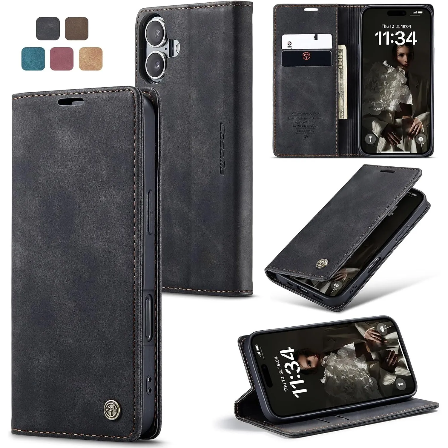 Handyhülle für iPhone 16 Hülle Premium Lederhülle Weiches Vintage-Nubukleder Faltbare Ständer Schutzhülle Kartenfach St…