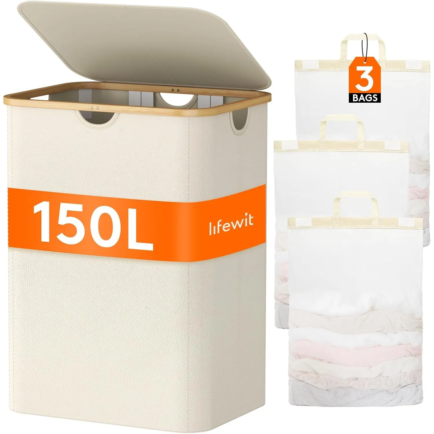 Lifewit 150L Wäschekorb mit 3 Fächern und Deckel, Cremeweiß