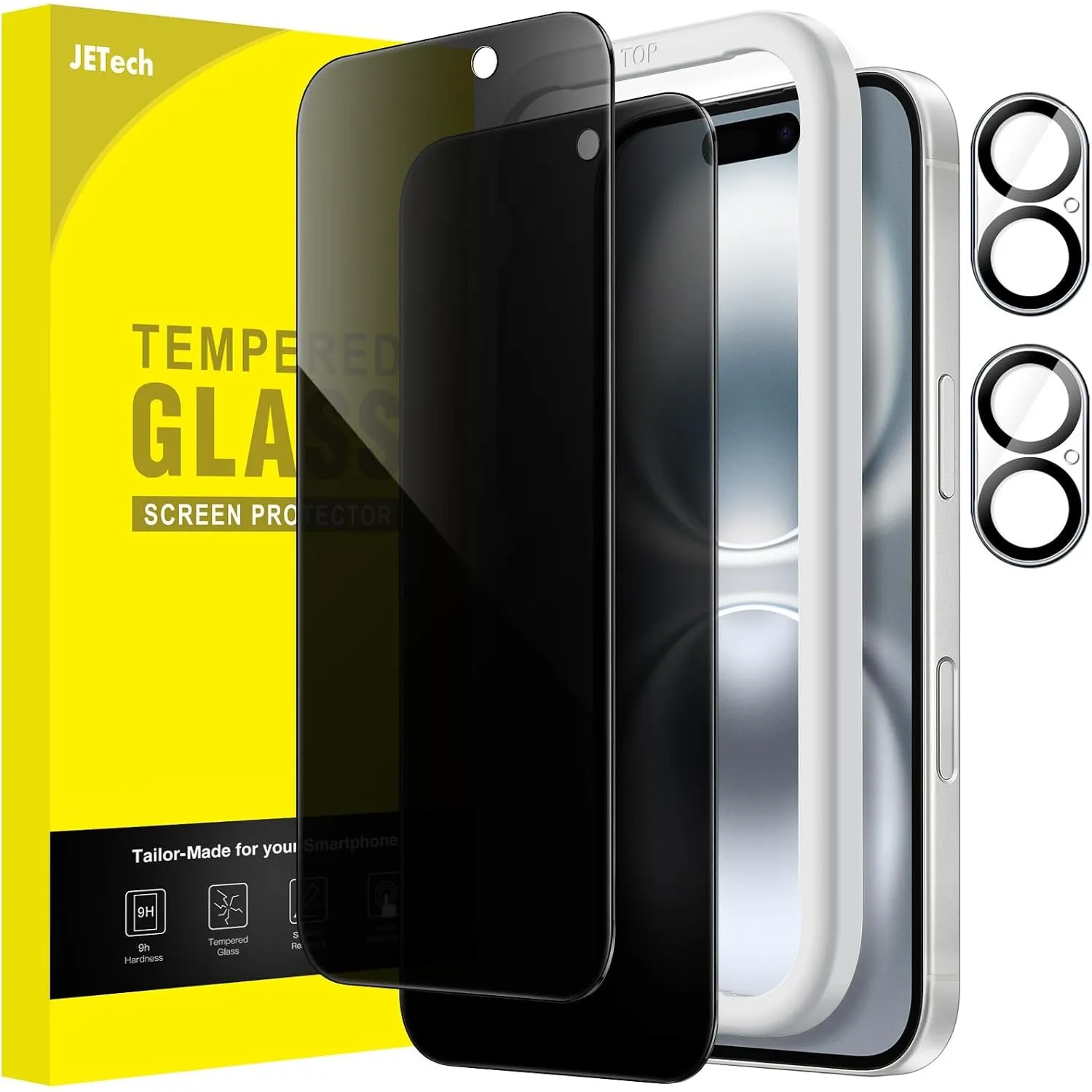 JETech Sichtschutz für iPhone 16, 2+2 Stück | Anti-Spy Blickschutz Gehärtetes Glas Schutzfolie, mit Kameraschutz, Einfa…