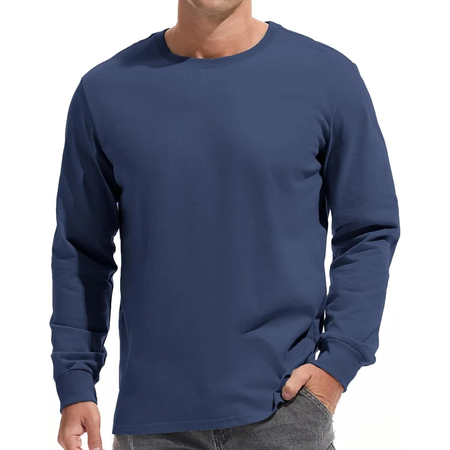 VEIISAR Herren Dickes Rundhals Langarm T-Shirt - Herren 100% Baumwolle Heavy Duty Pre Shrink T Shirt