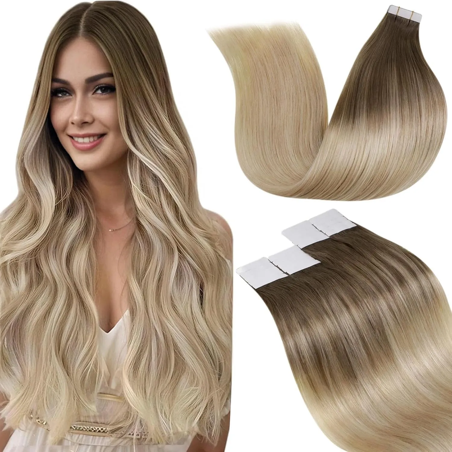 LaaVoo Extensions Echthaar Tape Balayage Haarverlängerung Echthaar Tape Hellbraun Ombre Aschblond Platinblond 100g 40pc…