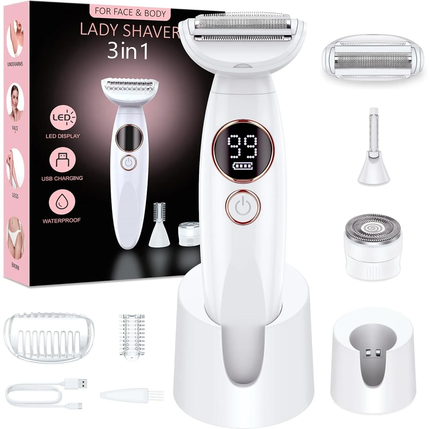 Rasierer Damen,3-In-1 Intimrasierer für Frauen,Gesichtshaarentferner für Frauen,Damenrasierer Elektrisch Nass-Trockenra…