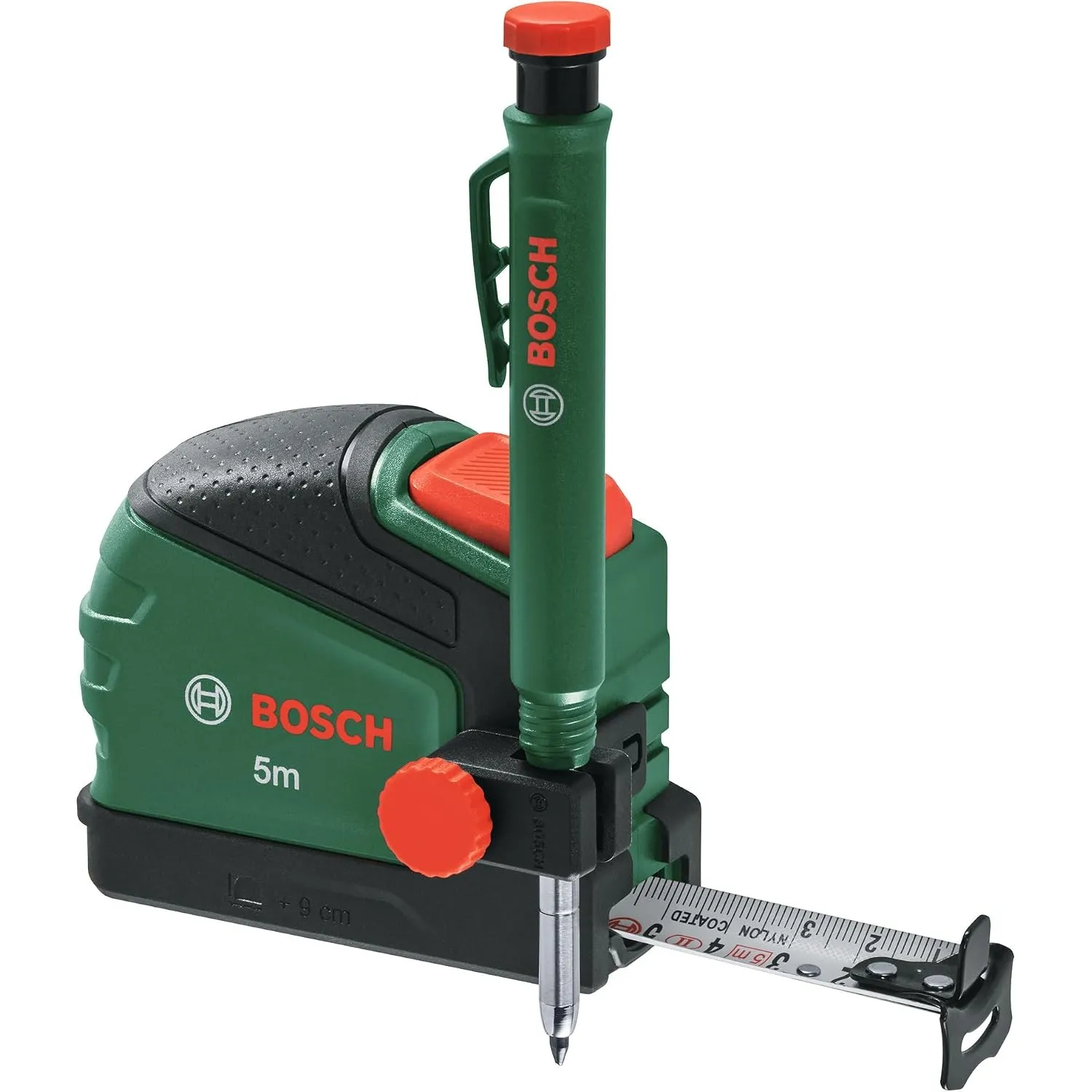 Bosch Maßband 5m + Tieflochmarker Bleistift (mit Bleistiftclip; Auto-Lock; Nylonbeschichtetes Band; 22mm Bandbreite; 2m…
