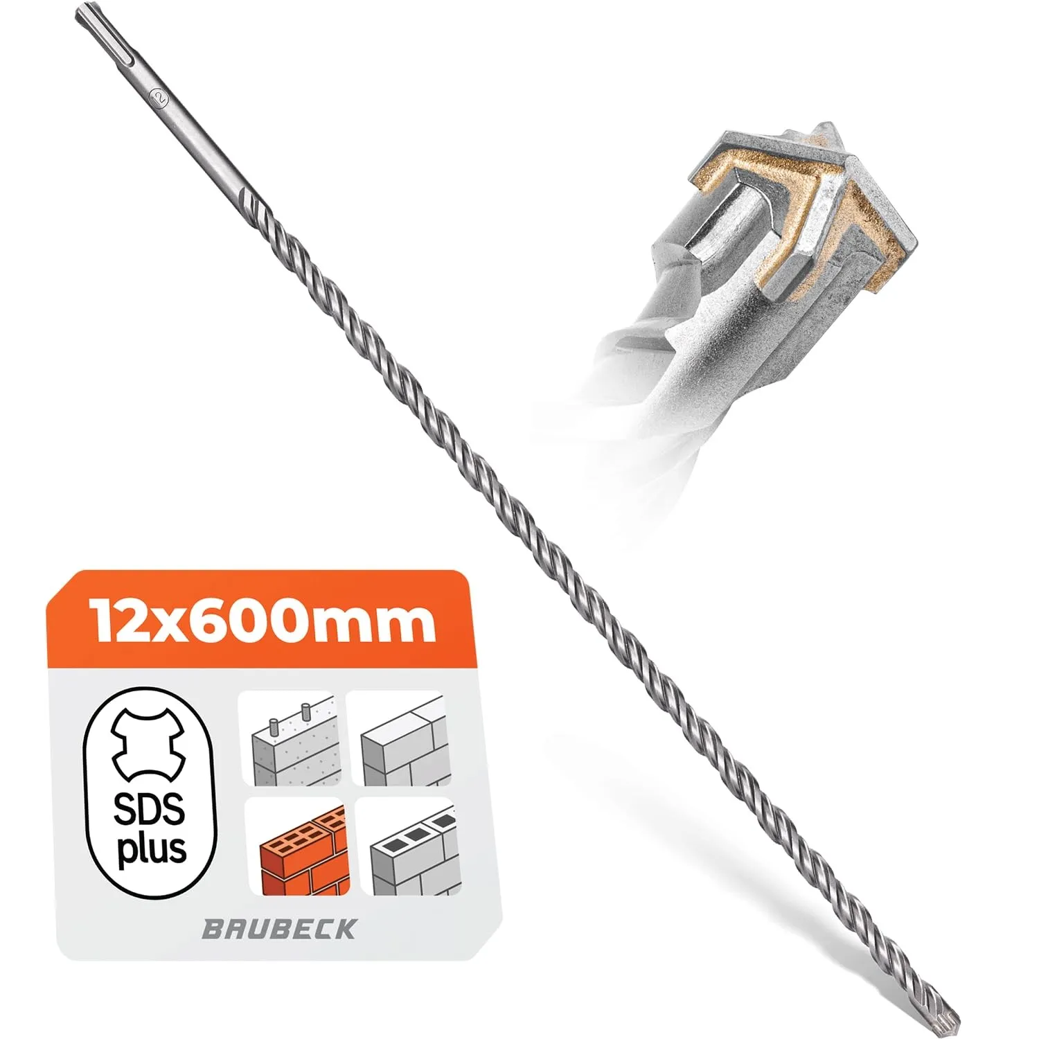 BAUBECK SDS Plus Bohrer 12mm x 600mm lang für Beton & Stein - Premium 40CR Stahl, langlebig - 4 Schneiden Steinbohrer 1…