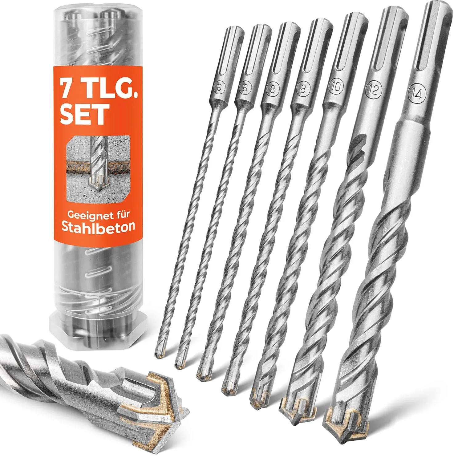 BAUBECK SDS Plus Bohrer Set für Beton [7tlg - Ø6-14 & 160mm lang] 4 Schneiden - Langlebige Betonbohrer aus 40CR Stahl f…