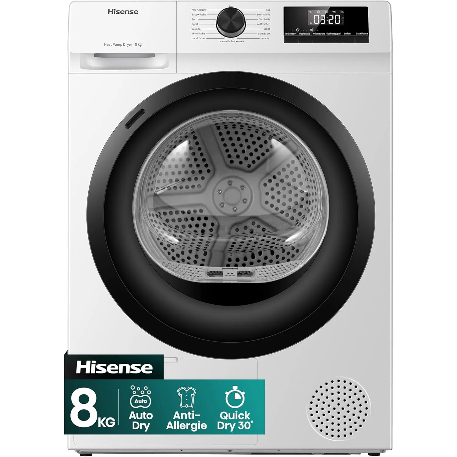 Hisense DHQE800BW2 Wäschetrockner, QE, 8KG, Kondensation mit Wärmepumpe, 15 Programme, Feuchtesensor, Anti Crease, Twin…