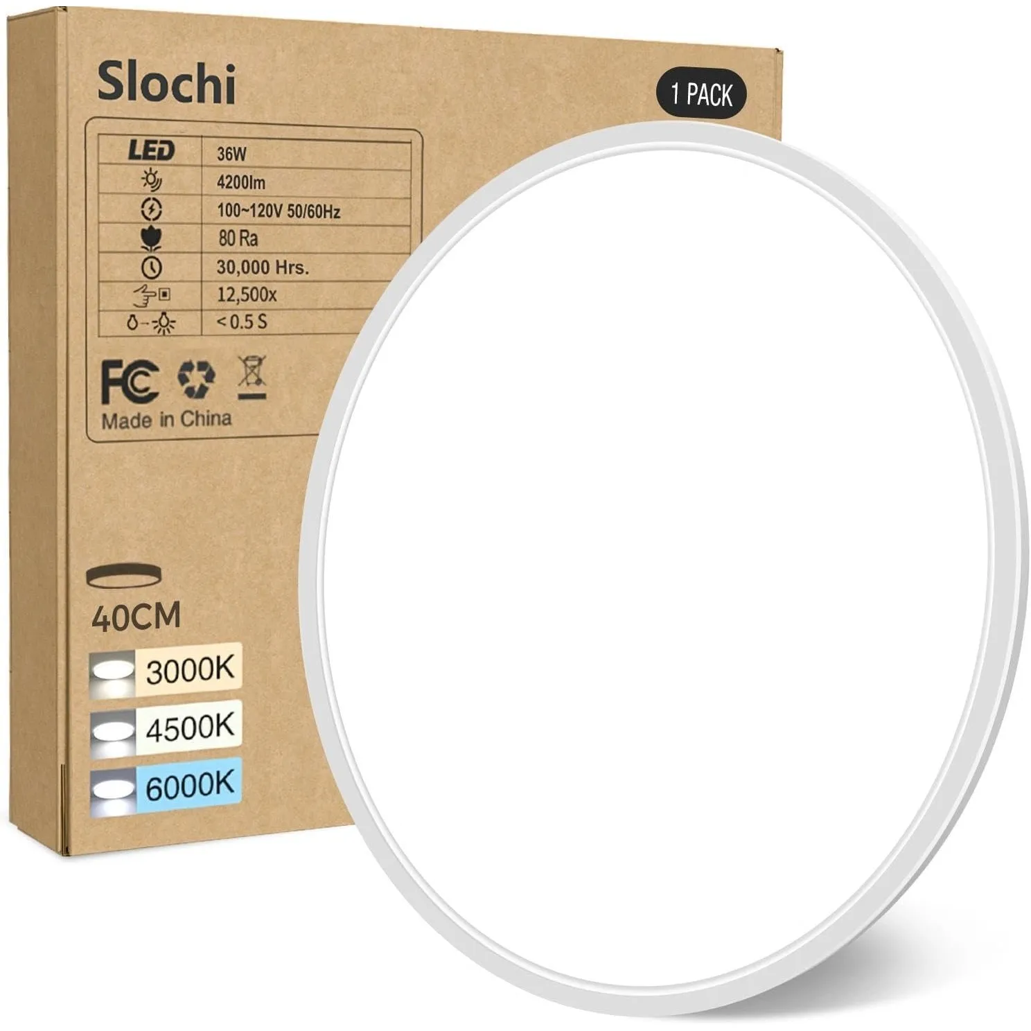 slochi Deckenlampe LED Deckenleuchte Flach, Ø40CM 3Farben 36W 4200LM Weiß