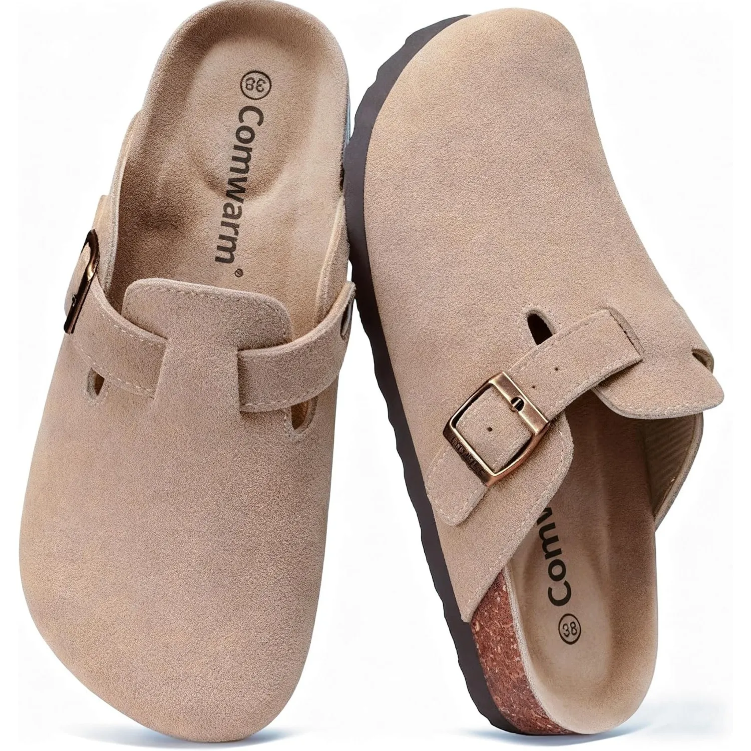 Comwarm Wildleder Damen Clogs Kork Fußbett Pantoletten | Rutschfest Komfort Leder Pantoletten Arch Support Slides mit V…