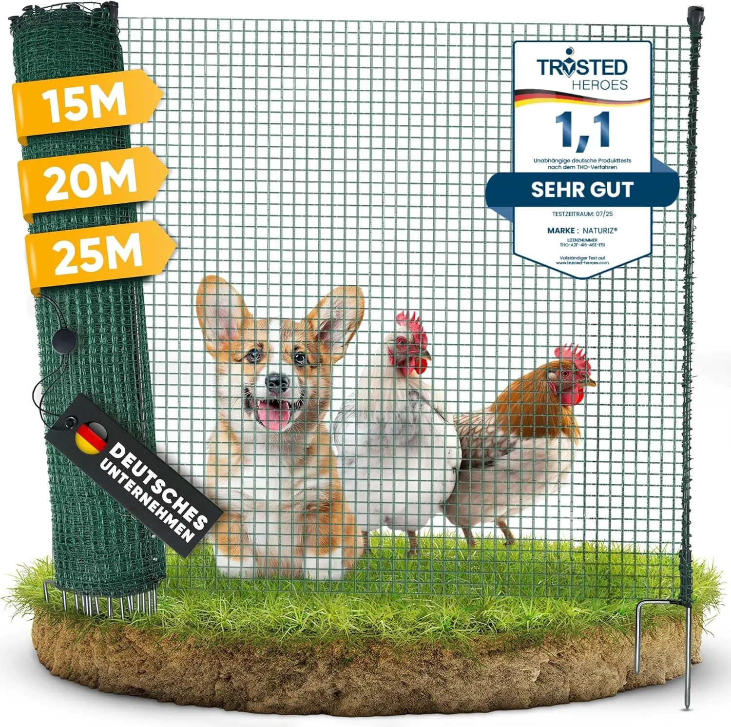 NATURIZ® Weidezaun & mobiler Hundezaun 15m - Camping Zaun für Hunde ohne Strom, Begrenzungszaun, Gartenzaun, Hühnerzaun…