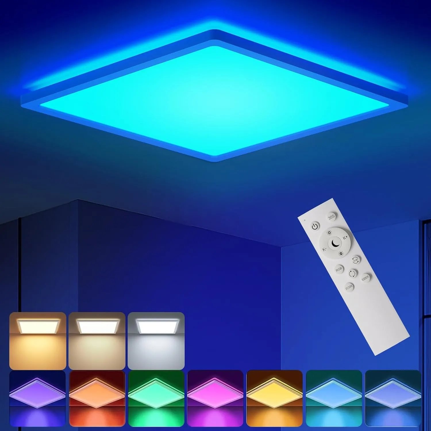 BLNAN RGB LED Deckenleuchte Dimmbar mit Fernbedienung, 24W Deckenlampe Panel mit Farbwechsel,3000K-6500K 2400lm Modern …