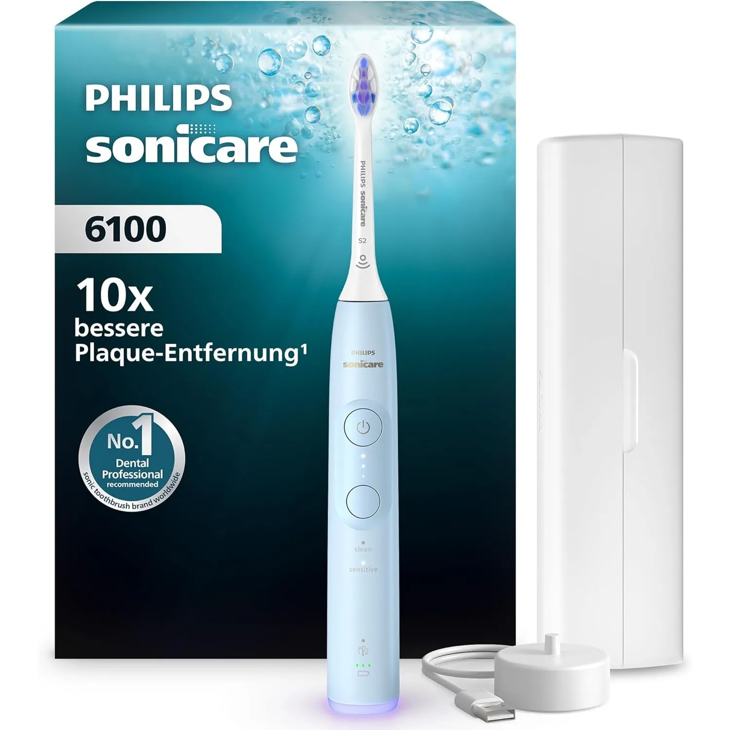 Philips Sonicare 6100 elektrische Zahnbürste, Schallzahnbürste mit 2 Putzmodi, 3 Intensitätsstufen, Andruckkontrolle, E…