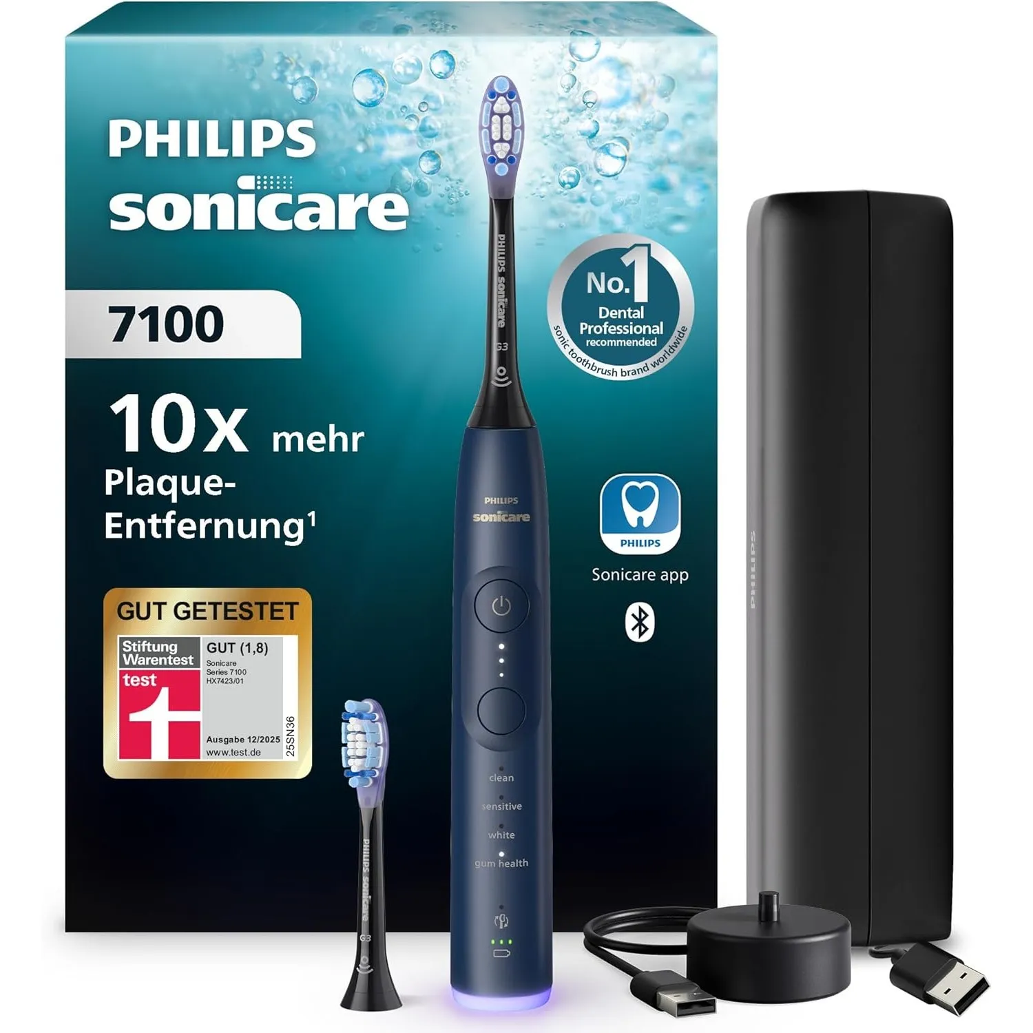 Philips Sonicare 7100 elektrische Zahnbürste, Schallzahnbürste mit App, 4 Putzmodi, 3 Intensitätsstufen, Andruckkontrol…