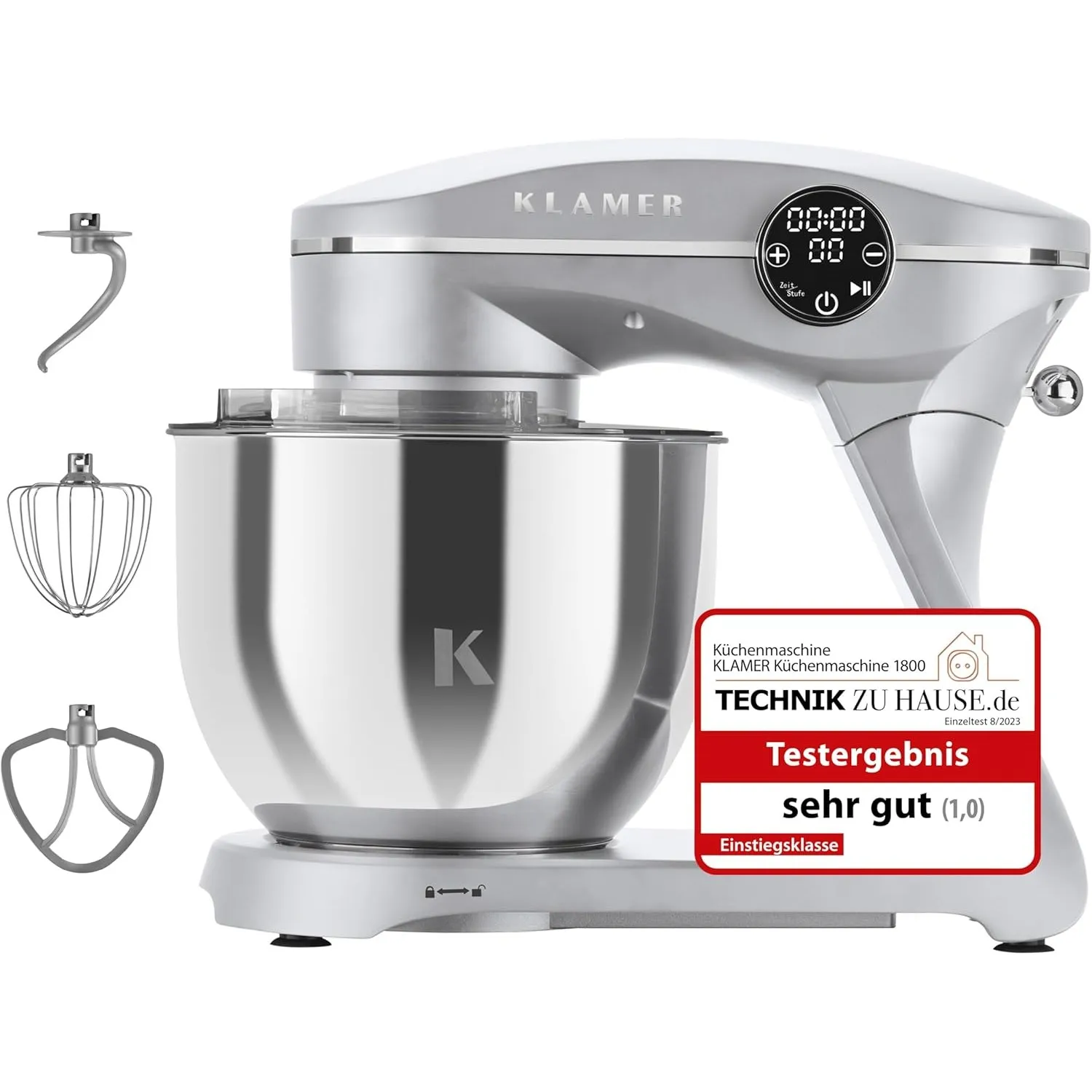 KLAMER Küchenmaschine 1800W, Knetmaschine Brotteig mit 6L Edelstahlschüssel