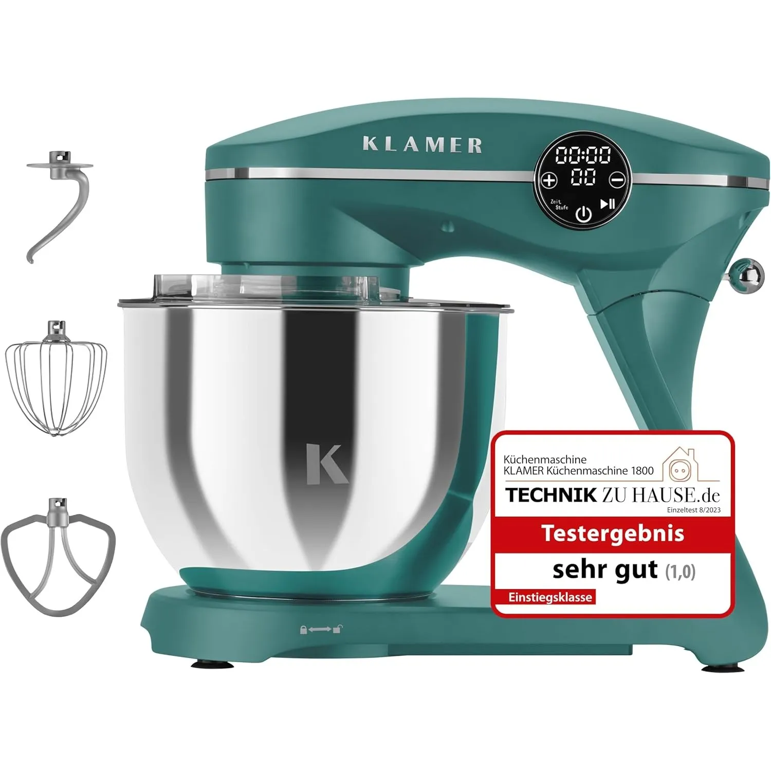KLAMER Küchenmaschine 1800W, Knetmaschine Brotteig mit 6L Edelstahlschüssel