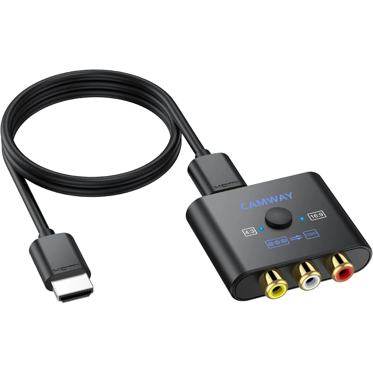 CAMWAY RCA auf HDMI Adapter, 16:9/4:3 Konvertierung 1080P Composite CVBS AV Cinch Video Audio Konverter mit 50CM HDMI K…