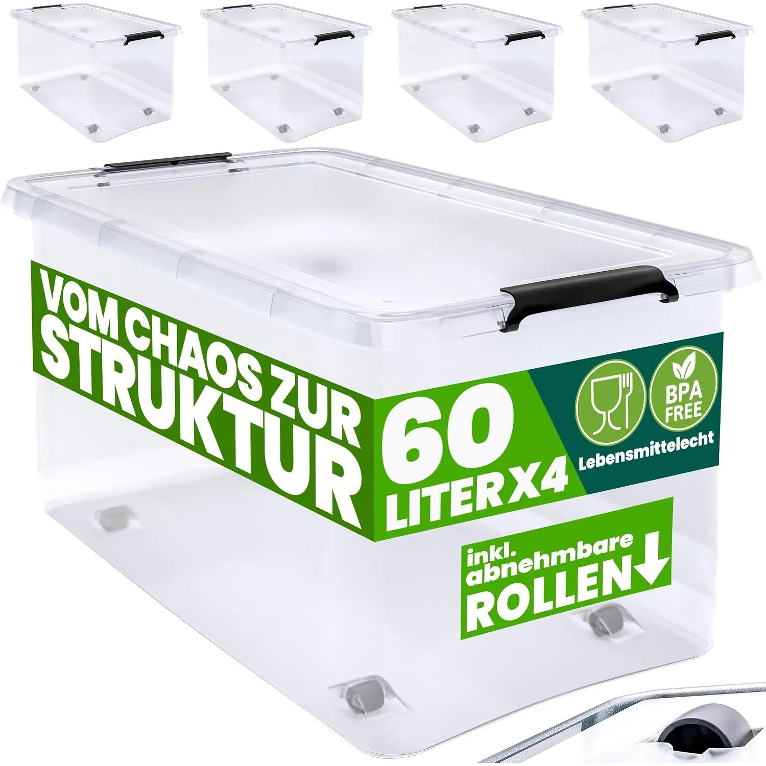 Deuba® Aufbewahrungsboxen 4 x 60l mit Deckel und Rollen, stapelbar, transparent Kunststoff BPA-frei Klickverschluss, RB…