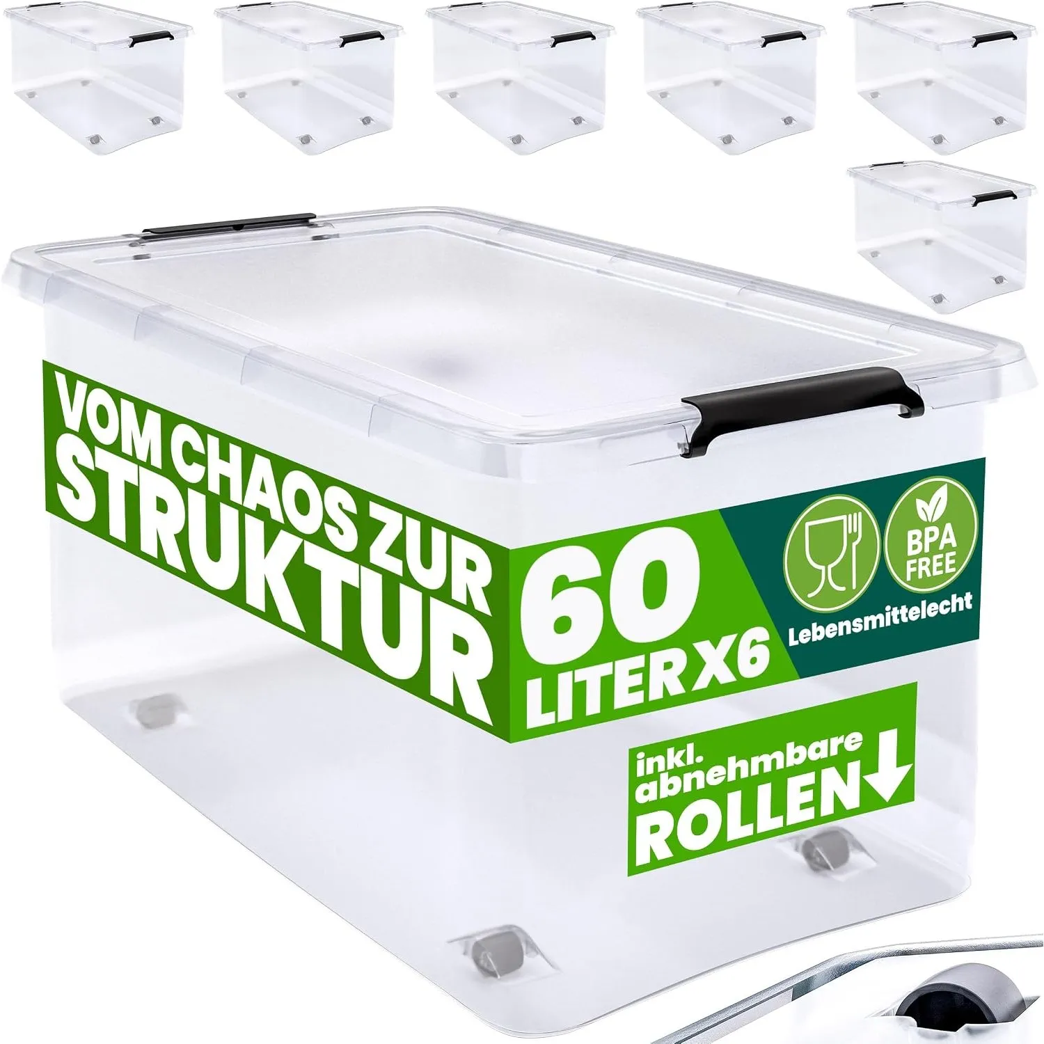 Deuba Aufbewahrungsboxen 6 X 60L mit Deckel und Rollen